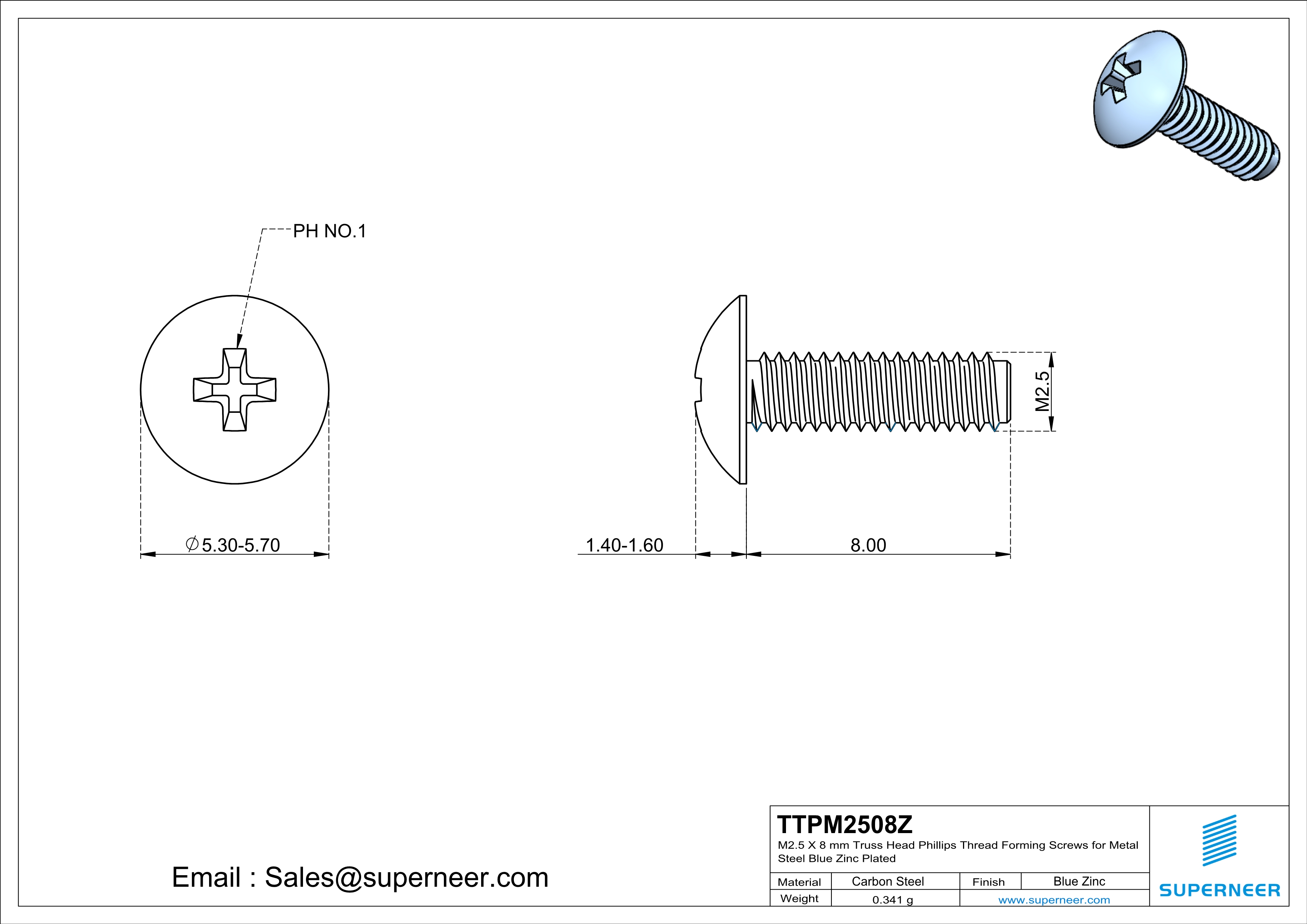 M2.5 × 8mm Truss Head Phillips Thread Forming Screws for Metal Steel Blue Zinc Plated