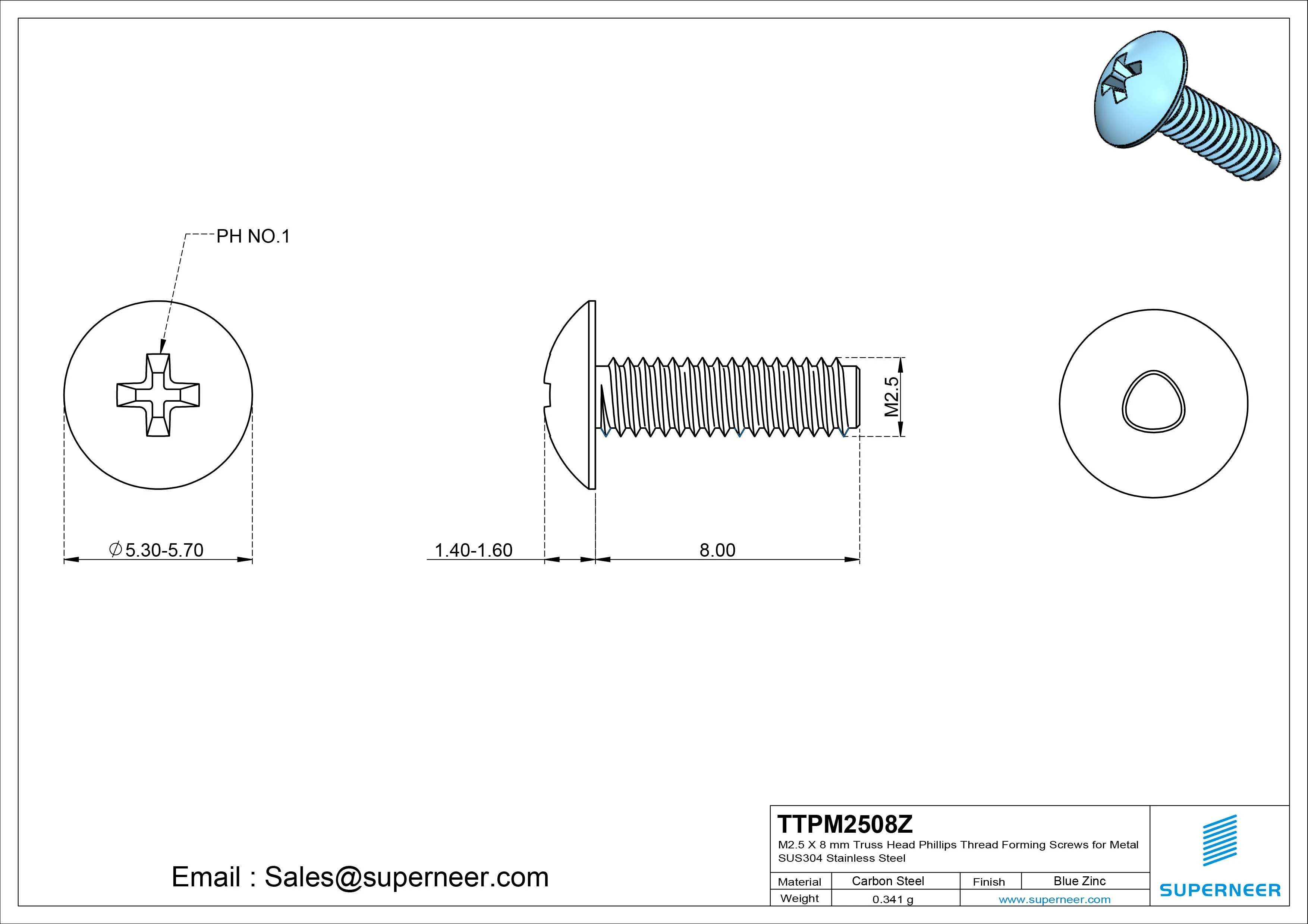 M2.5 × 8mm Truss Head Phillips Thread Forming Screws for Metal Steel Blue Zinc Plated