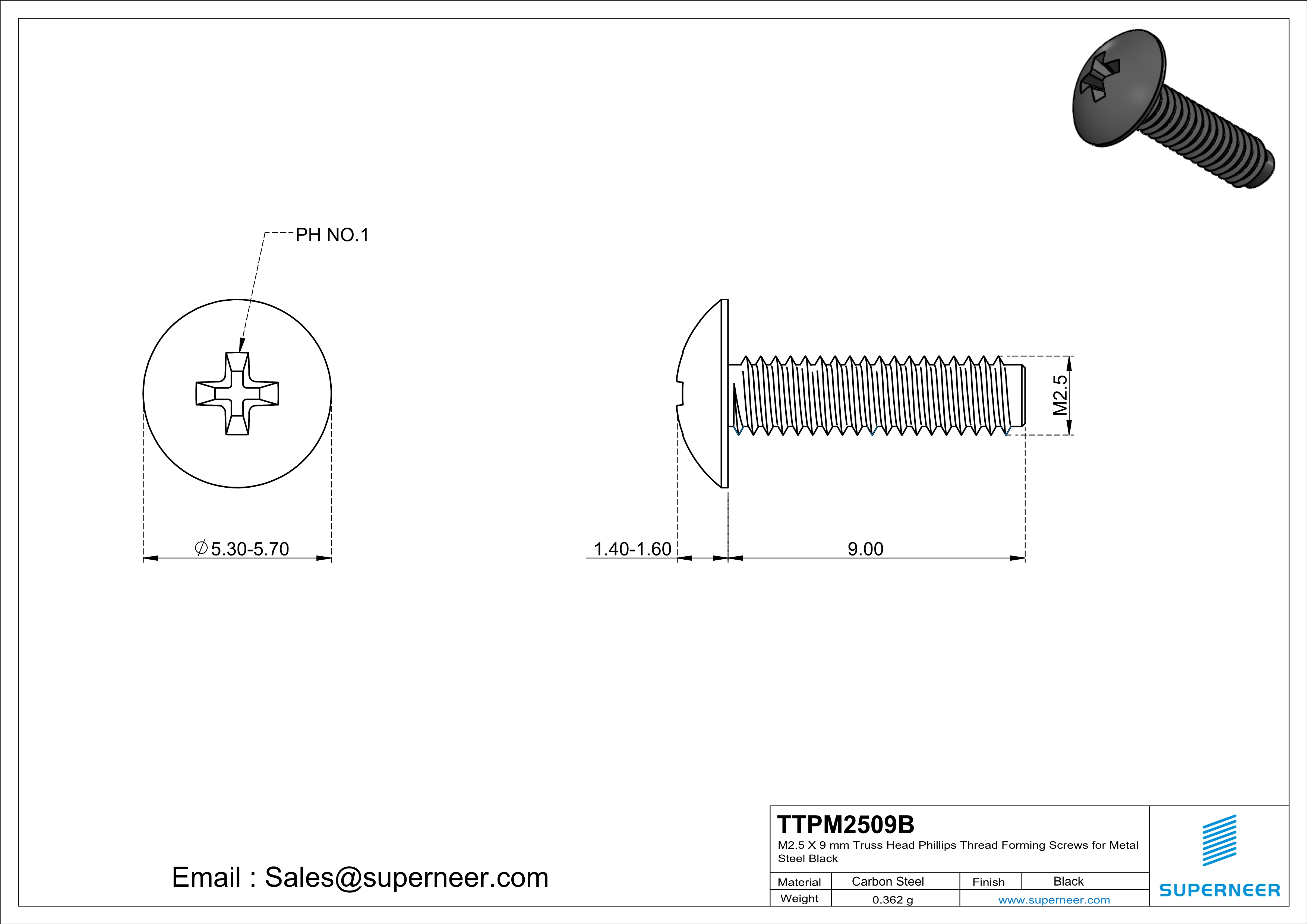 M2.5 × 9mm Truss Head Phillips Thread Forming Screws for Metal Steel Black