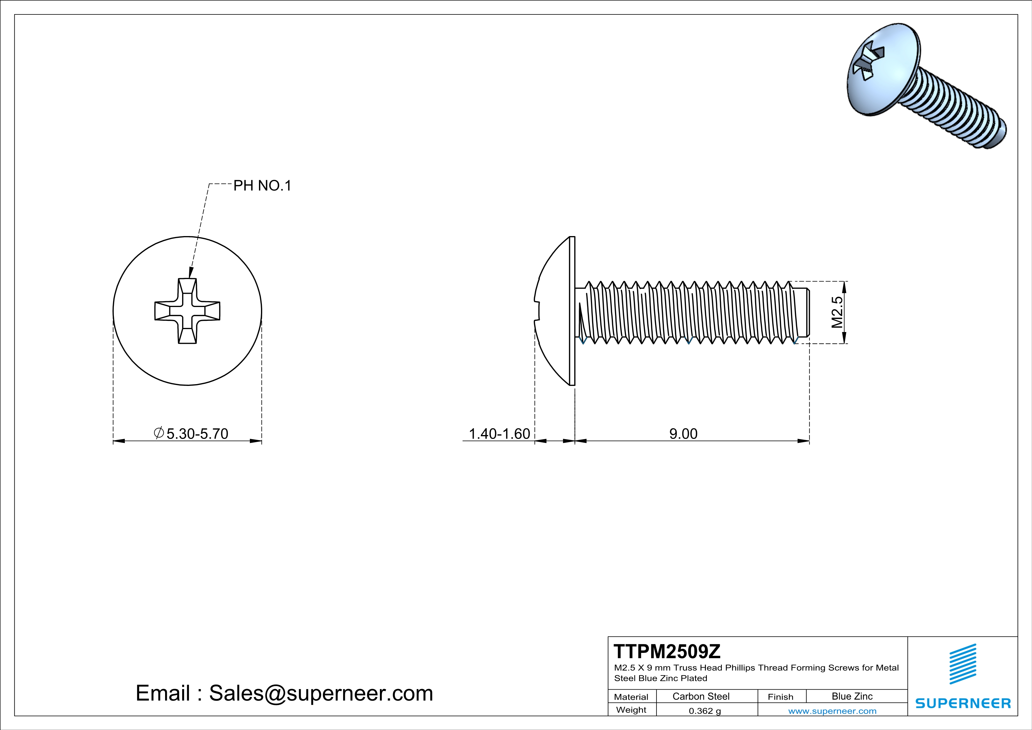 M2.5 × 9mm Truss Head Phillips Thread Forming Screws for Metal Steel Blue Zinc Plated