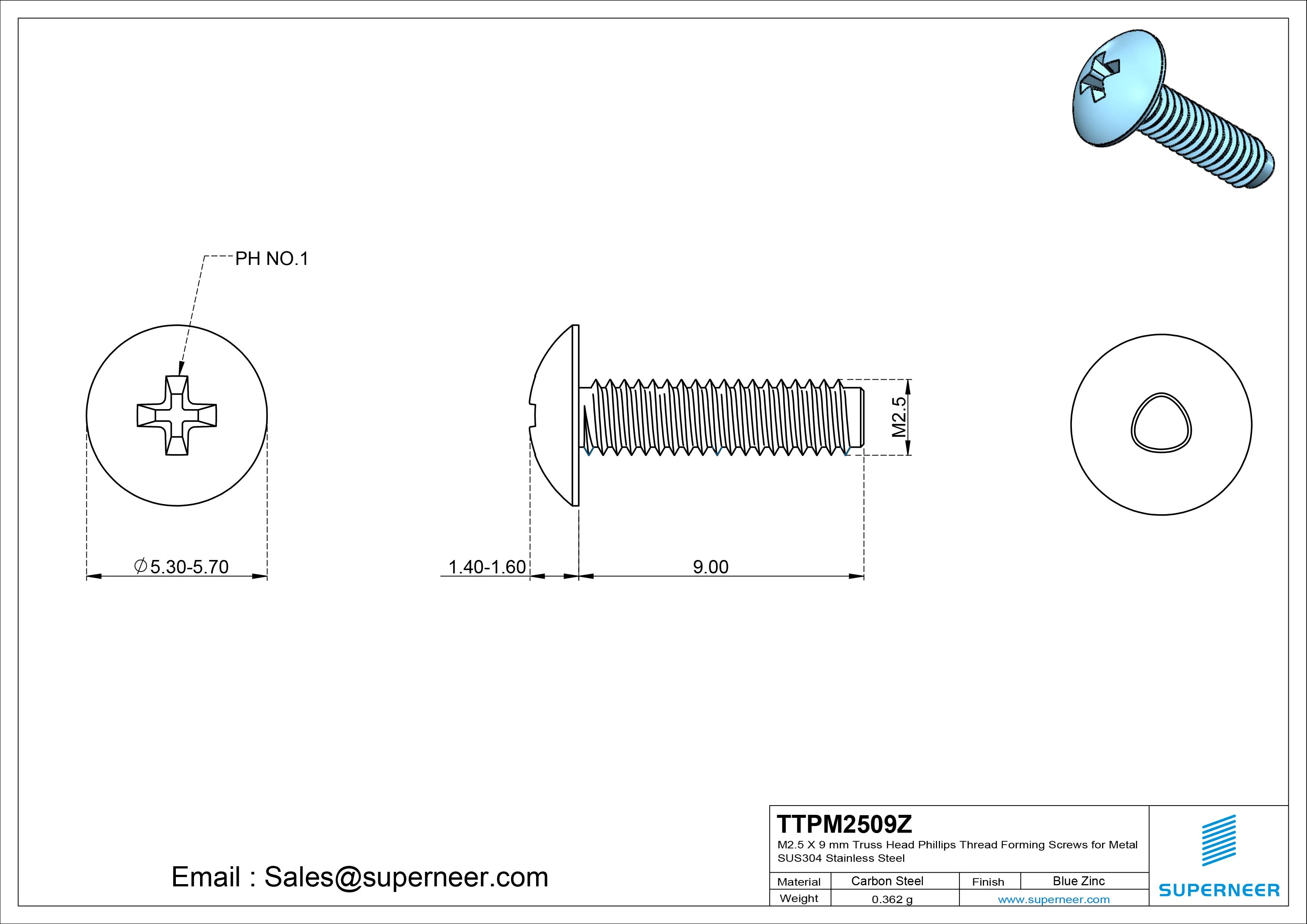 M2.5 × 9mm Truss Head Phillips Thread Forming Screws for Metal Steel Blue Zinc Plated