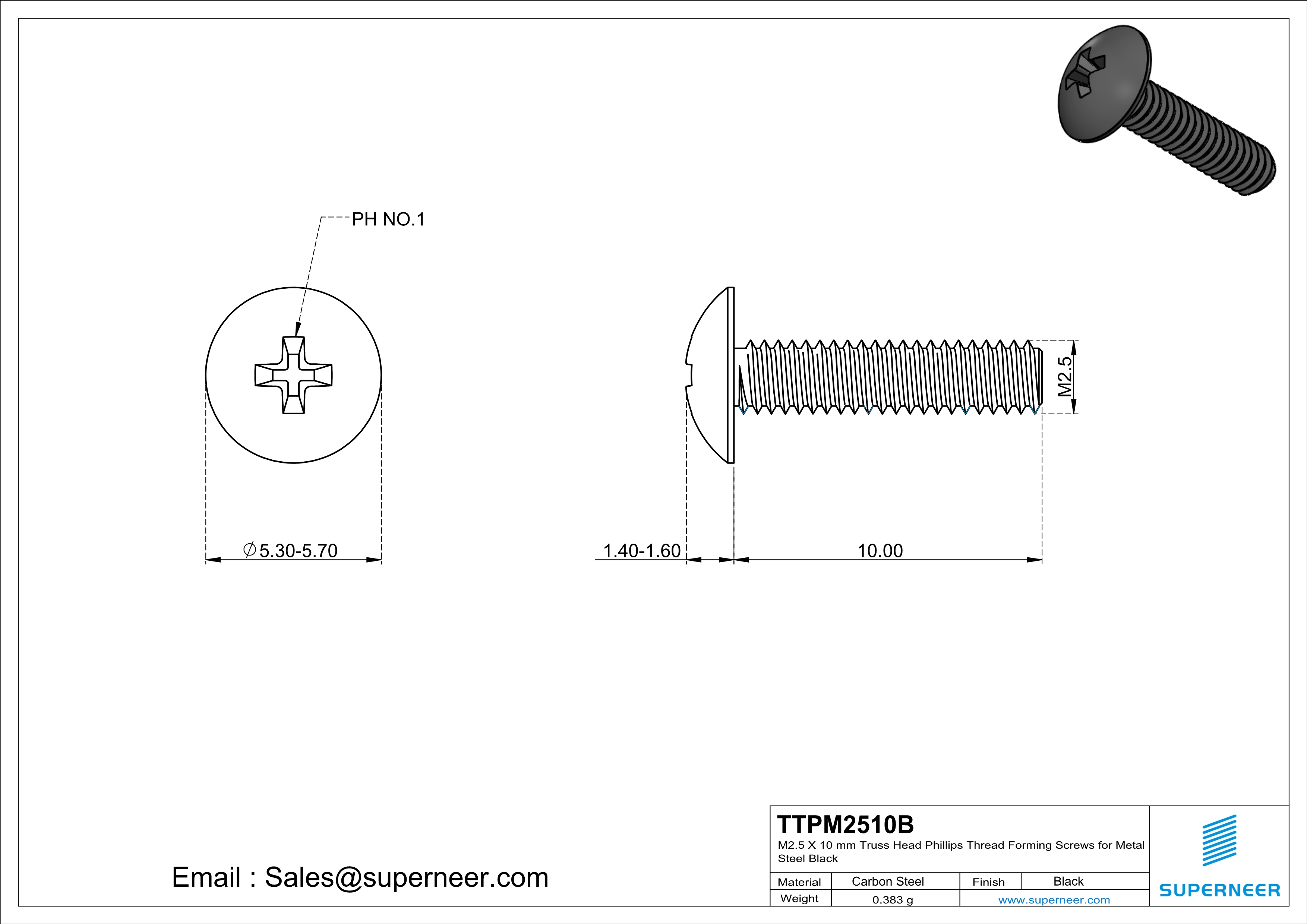 M2.5 × 10mm Truss Head Phillips Thread Forming Screws for Metal Steel Black