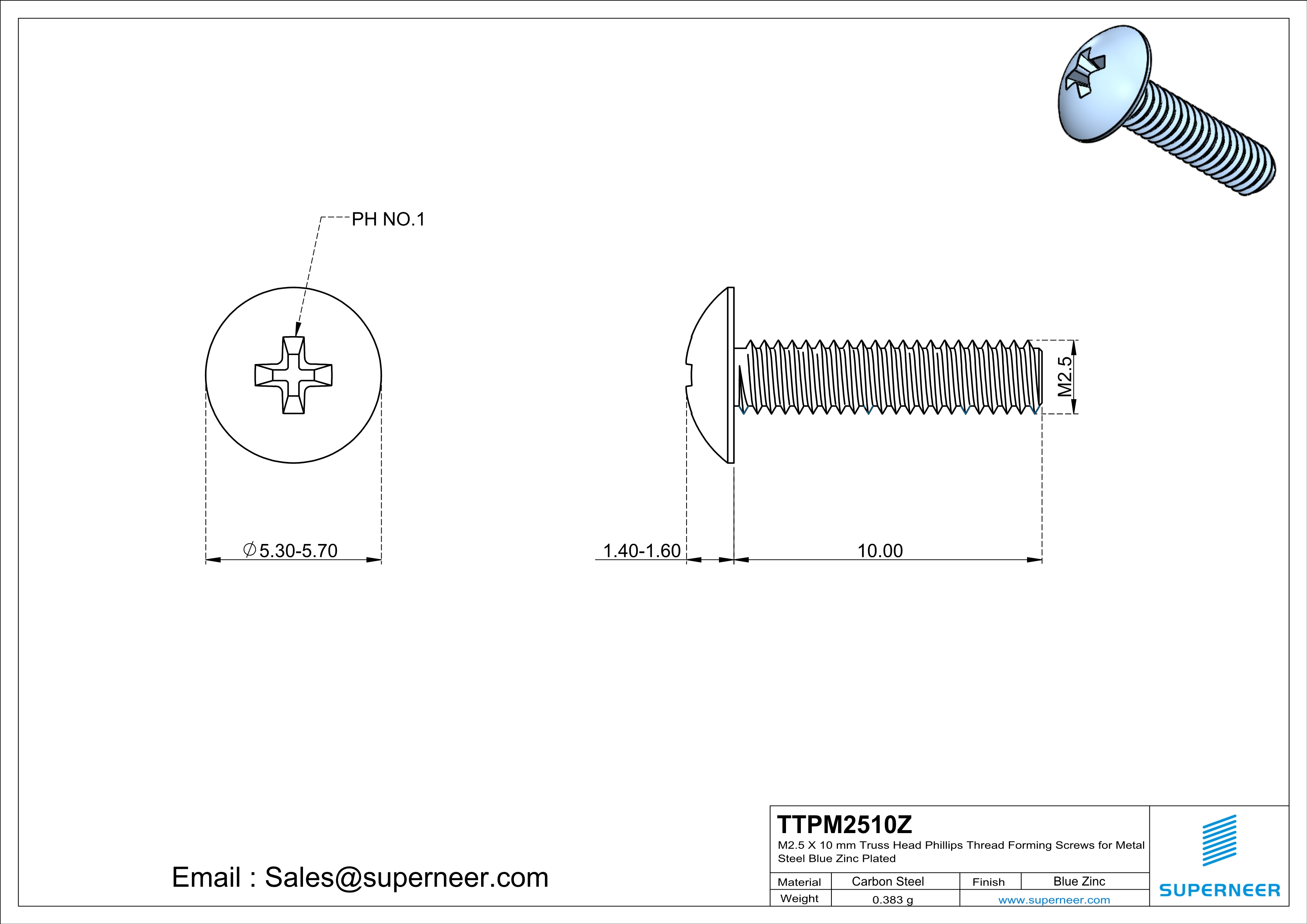 M2.5 × 10mm Truss Head Phillips Thread Forming Screws for Metal Steel Blue Zinc Plated