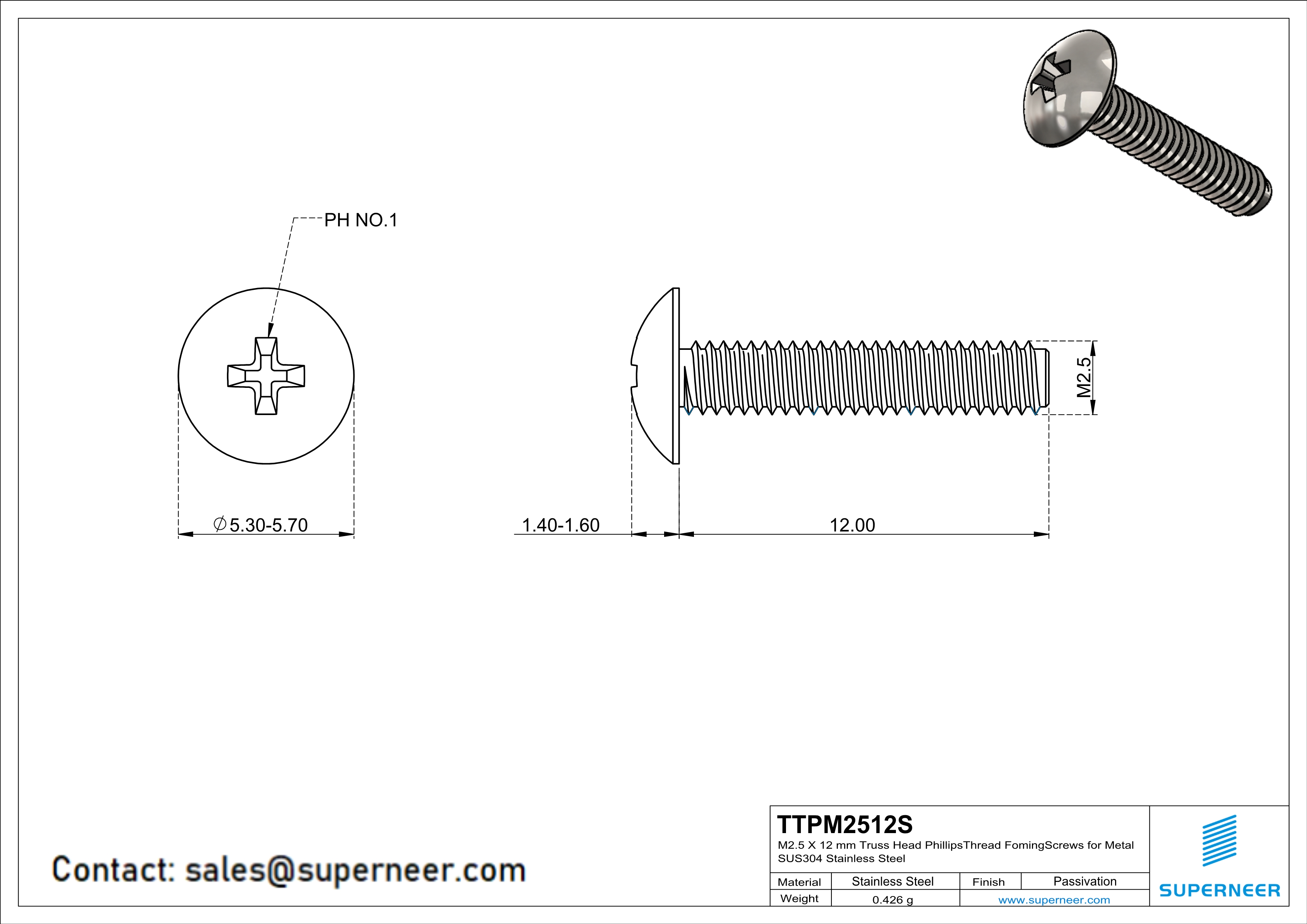 M2.5 × 12mm Truss Head Phillips Thread Forming Screws for Metal SUS304 Stainless Steel Inox