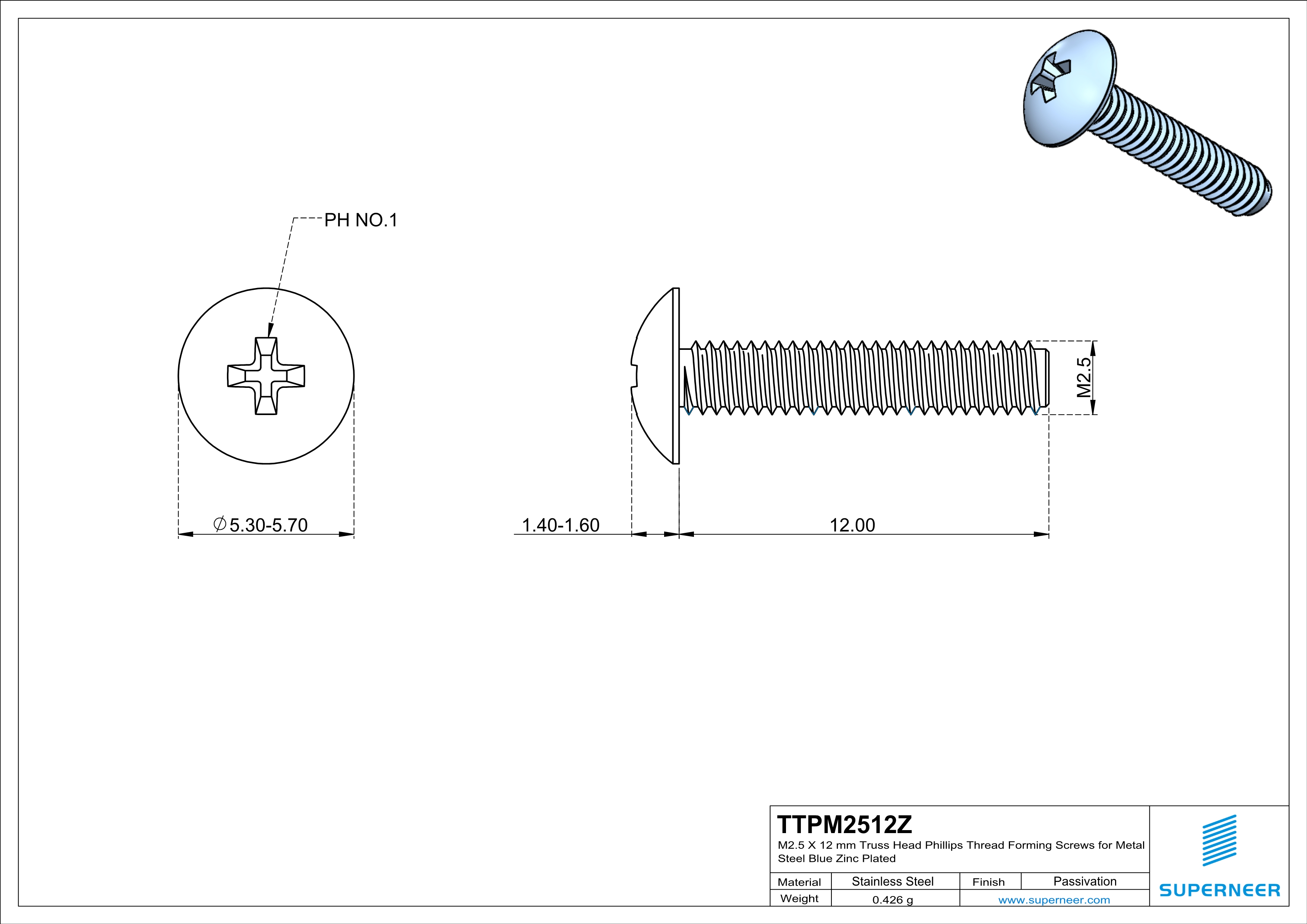 M2.5 × 12mm Truss Head Phillips Thread Forming Screws for Metal Steel Blue Zinc Plated