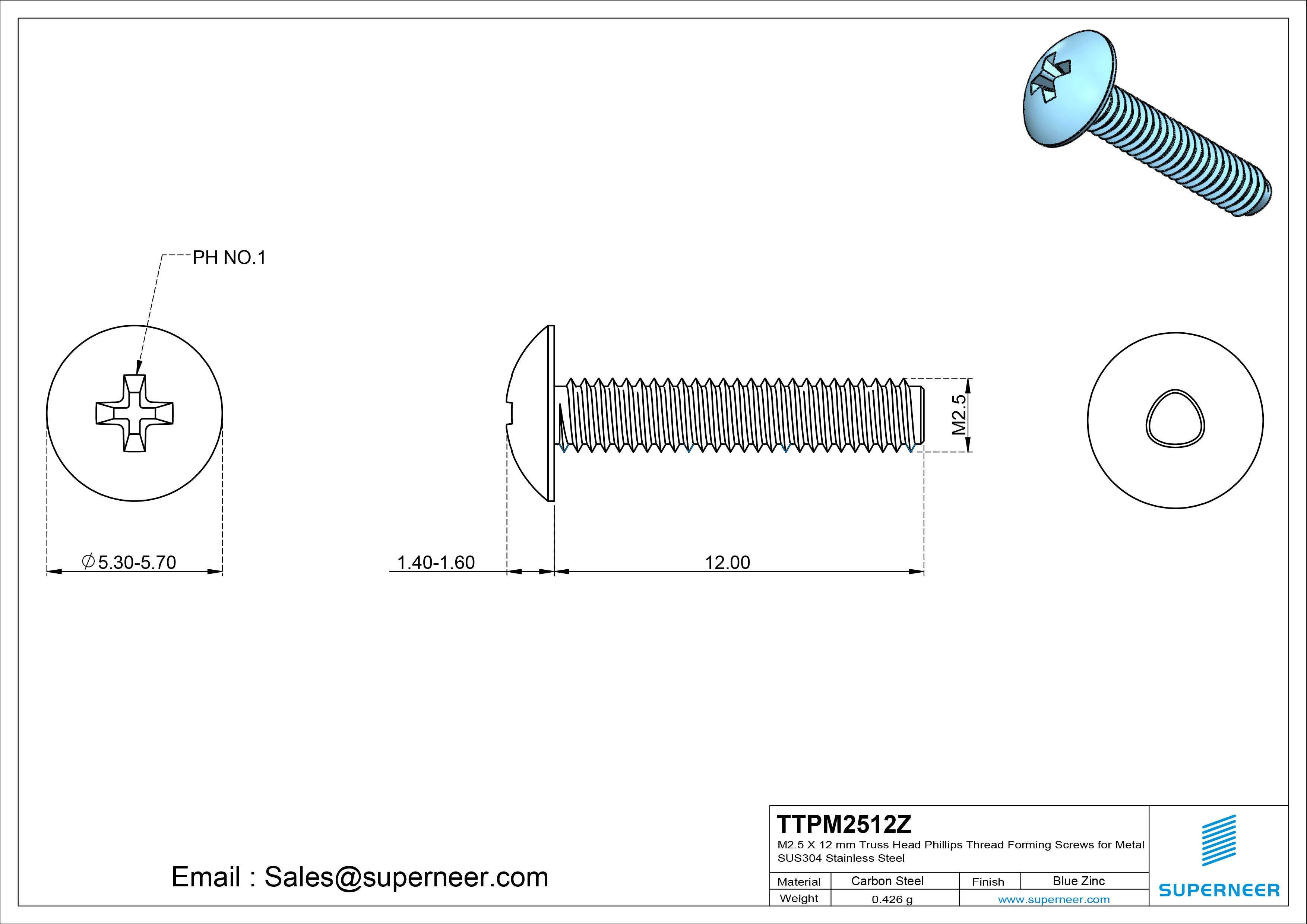 M2.5 × 12mm Truss Head Phillips Thread Forming Screws for Metal Steel Blue Zinc Plated