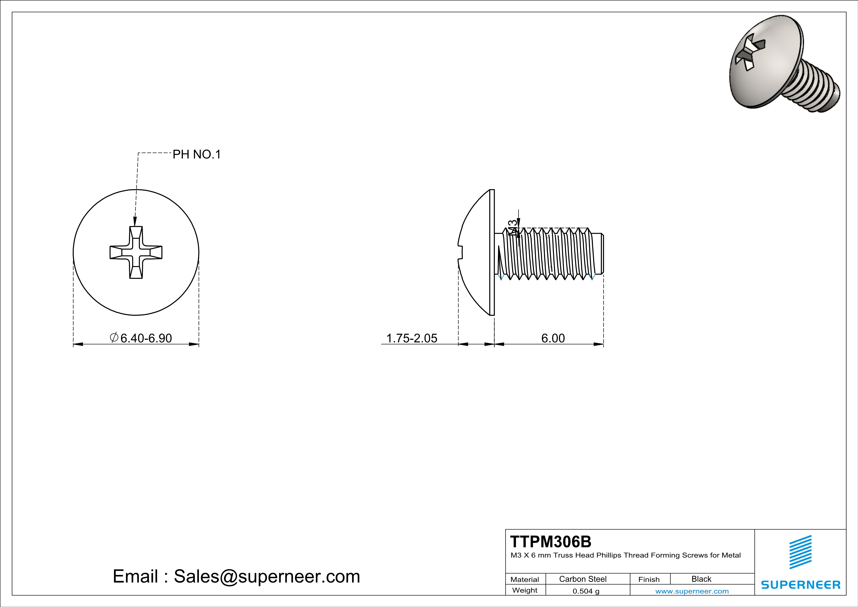 M3 × 6mm Truss Head Phillips Thread Forming Screws for Metal Steel Black