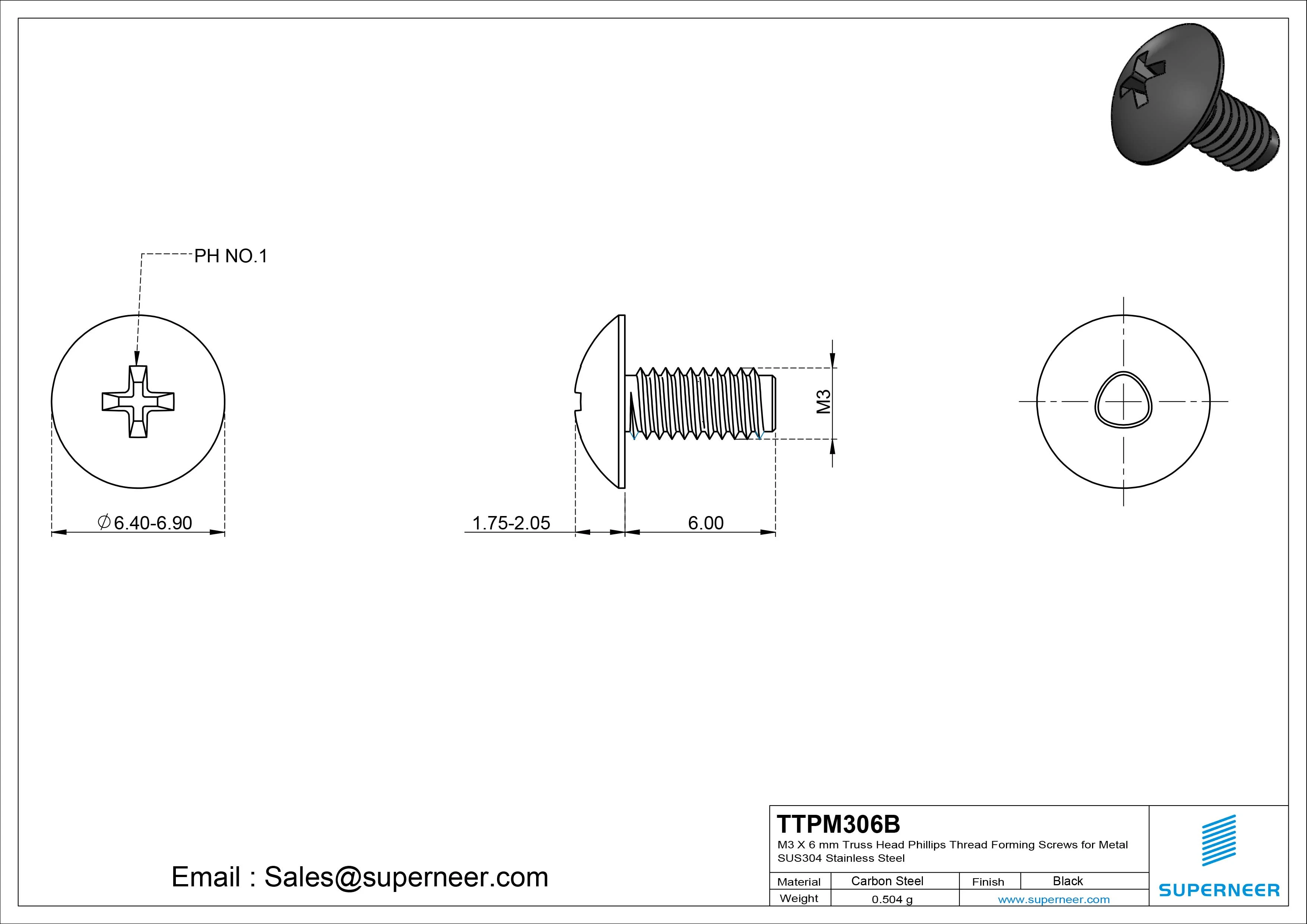 M3 × 6mm Truss Head Phillips Thread Forming Screws for Metal Steel Black