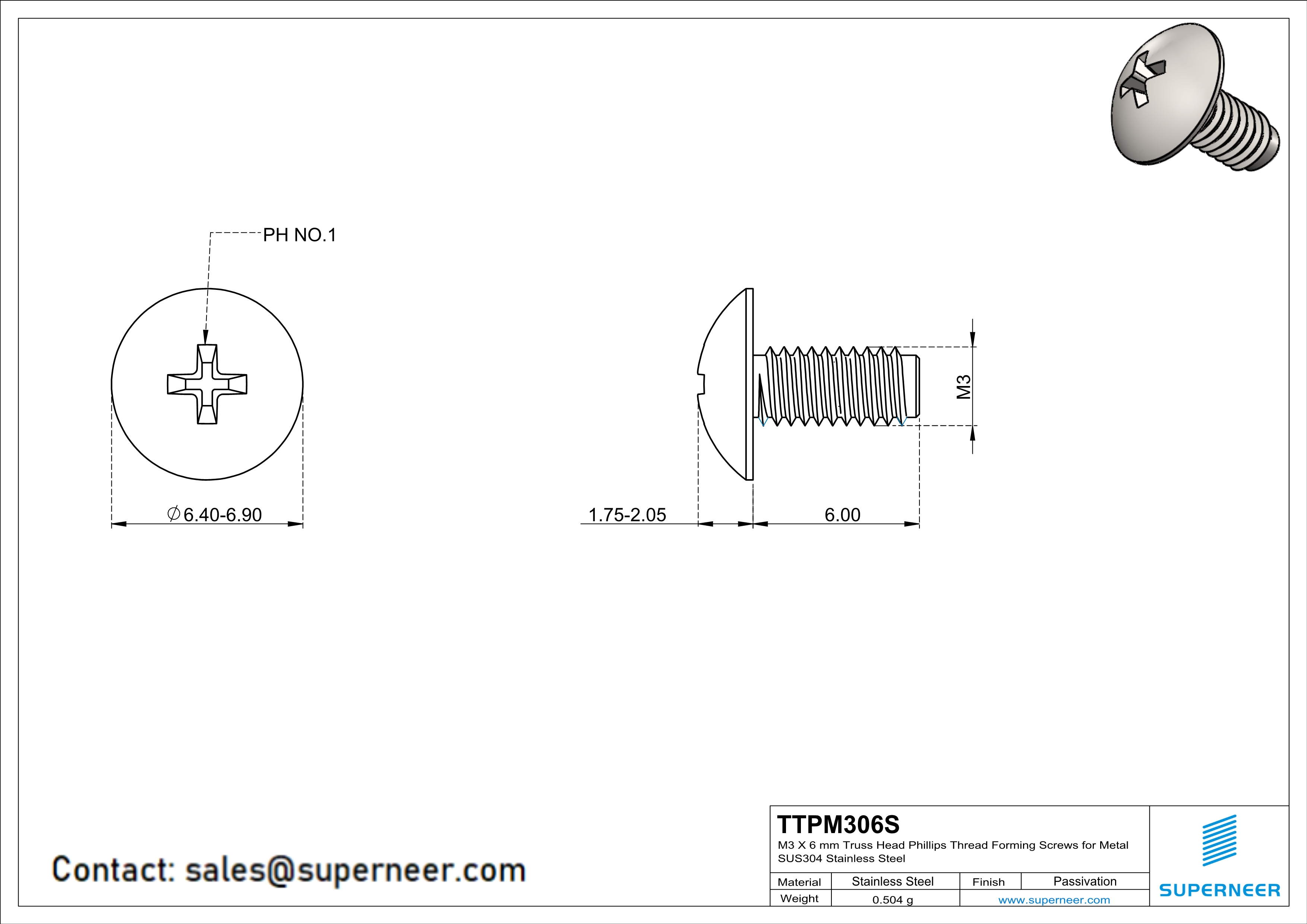 M3 × 6mm Truss Head Phillips Thread Forming Screws for Metal SUS304 Stainless Steel Inox