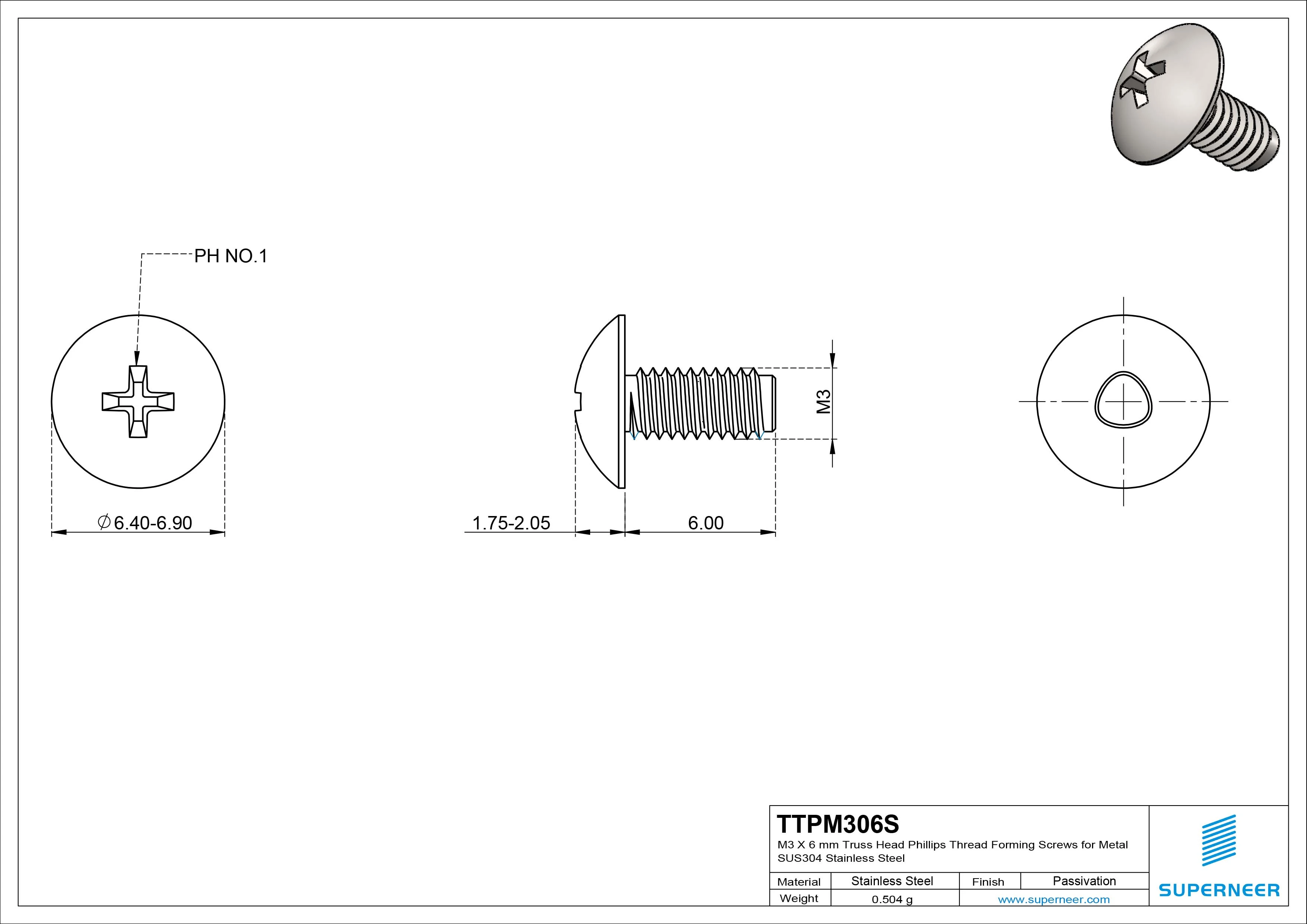 M3 × 6mm Truss Head Phillips Thread Forming Screws for Metal SUS304 Stainless Steel Inox