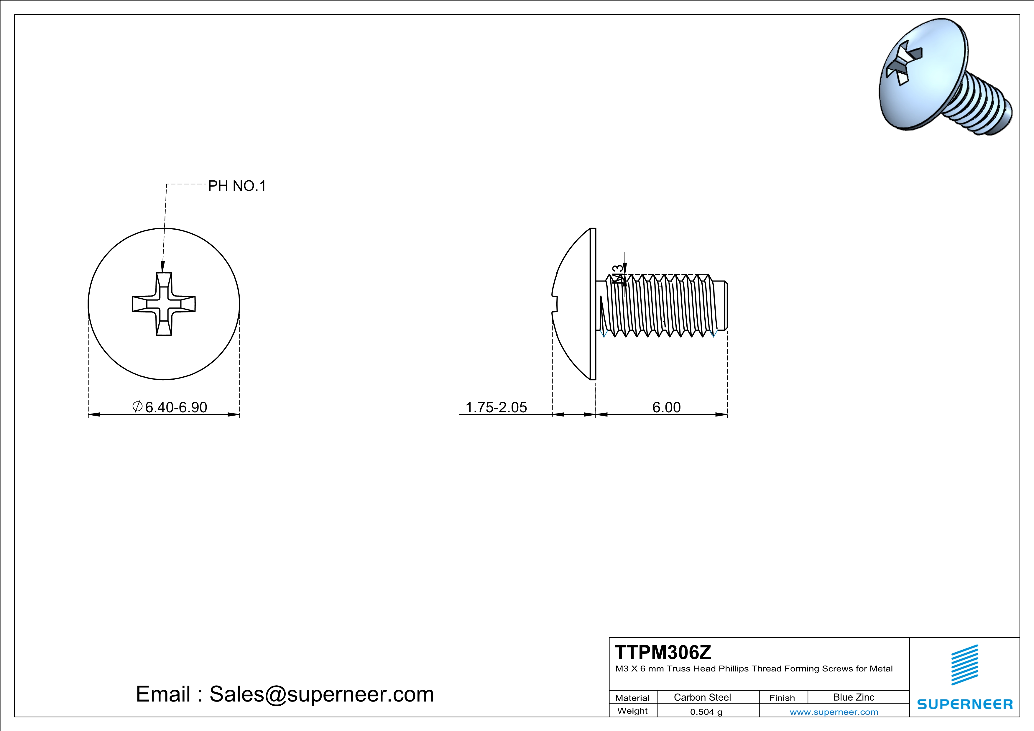 M3 × 6mm Truss Head Phillips Thread Forming Screws for Metal Steel Blue Zinc Plated