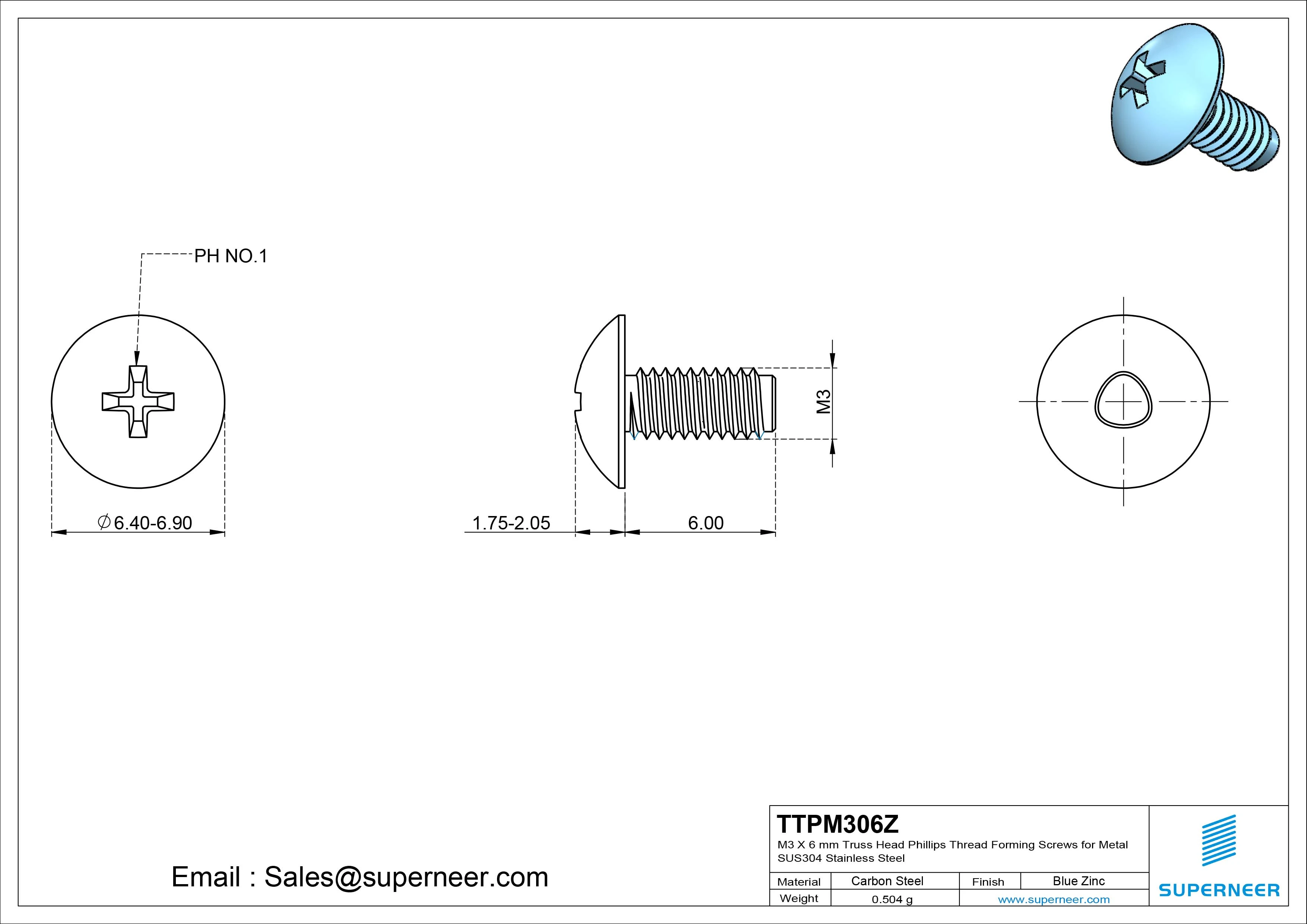 M3 × 6mm Truss Head Phillips Thread Forming Screws for Metal Steel Blue Zinc Plated