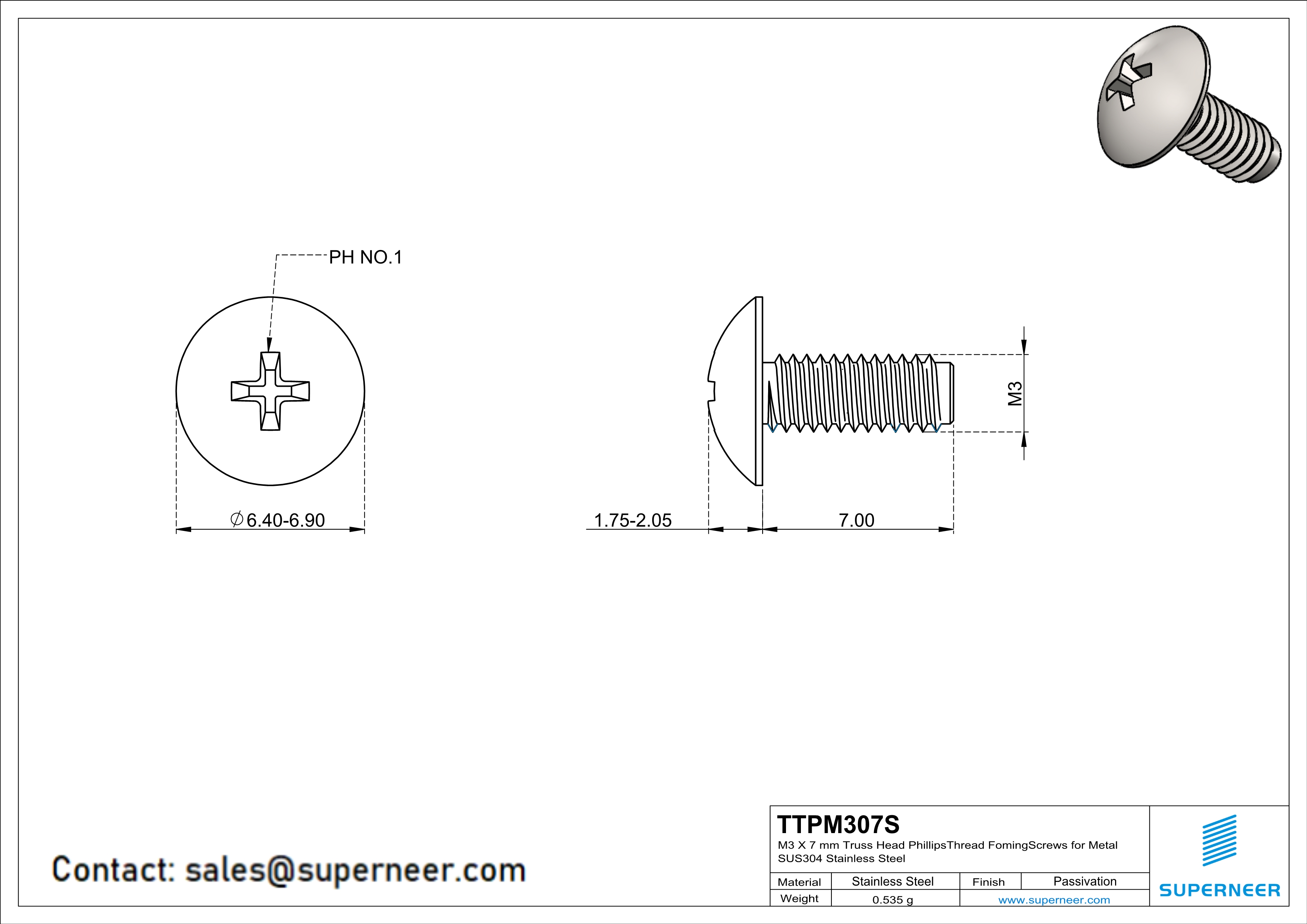 M3 × 7mm Truss Head Phillips Thread Forming Screws for Metal SUS304 Stainless Steel Inox