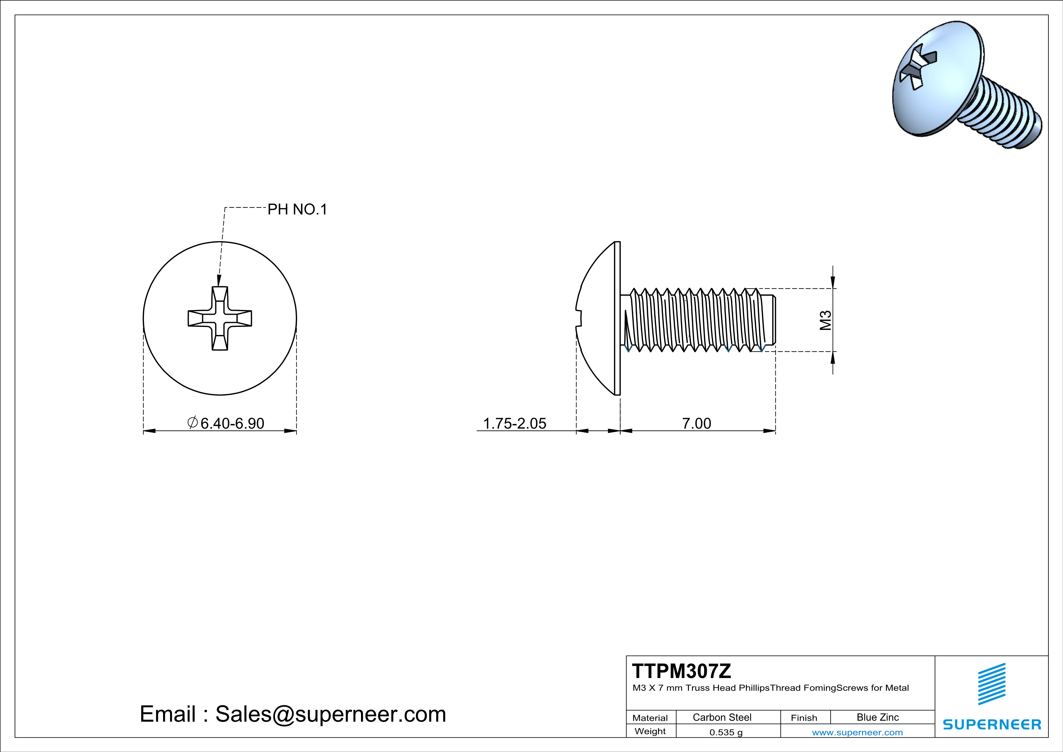 M3 × 7mm Truss Head Phillips Thread Forming Screws for Metal Steel Blue Zinc Plated