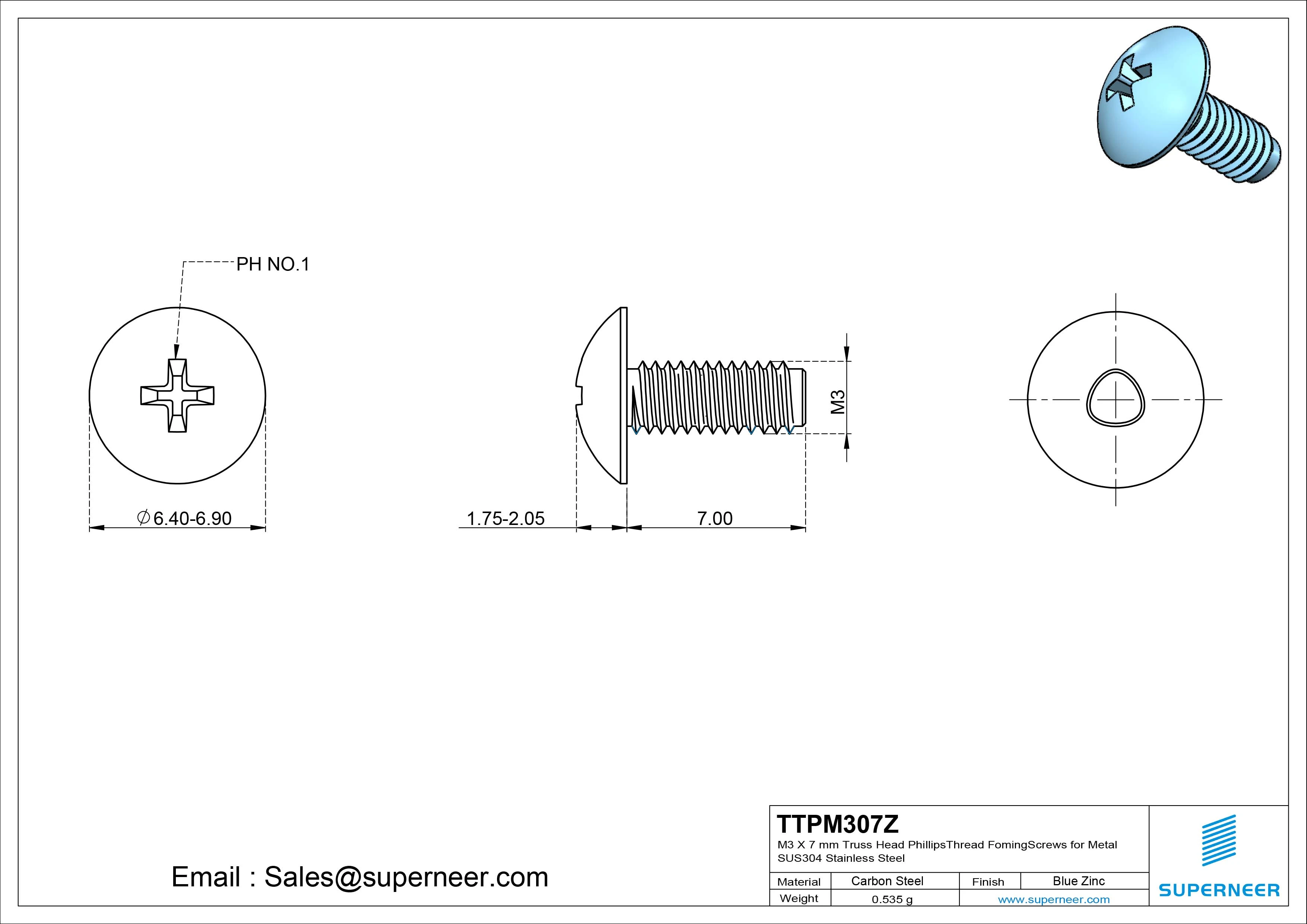 M3 × 7mm Truss Head Phillips Thread Forming Screws for Metal Steel Blue Zinc Plated