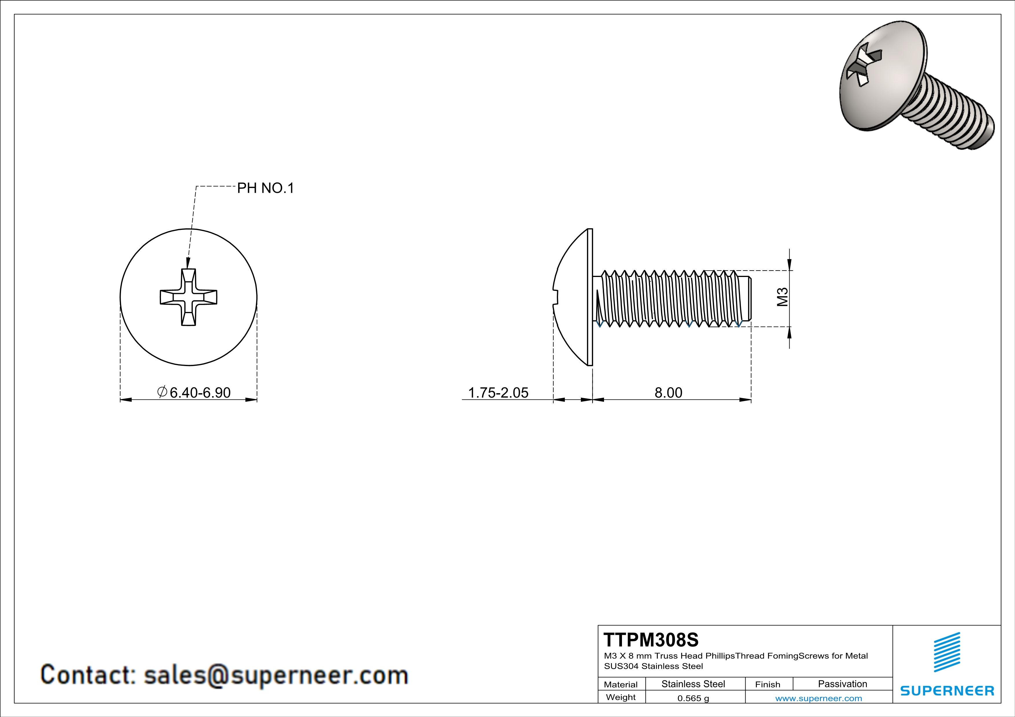 M3 × 8mm Truss Head Phillips Thread Forming Screws for Metal SUS304 Stainless Steel Inox