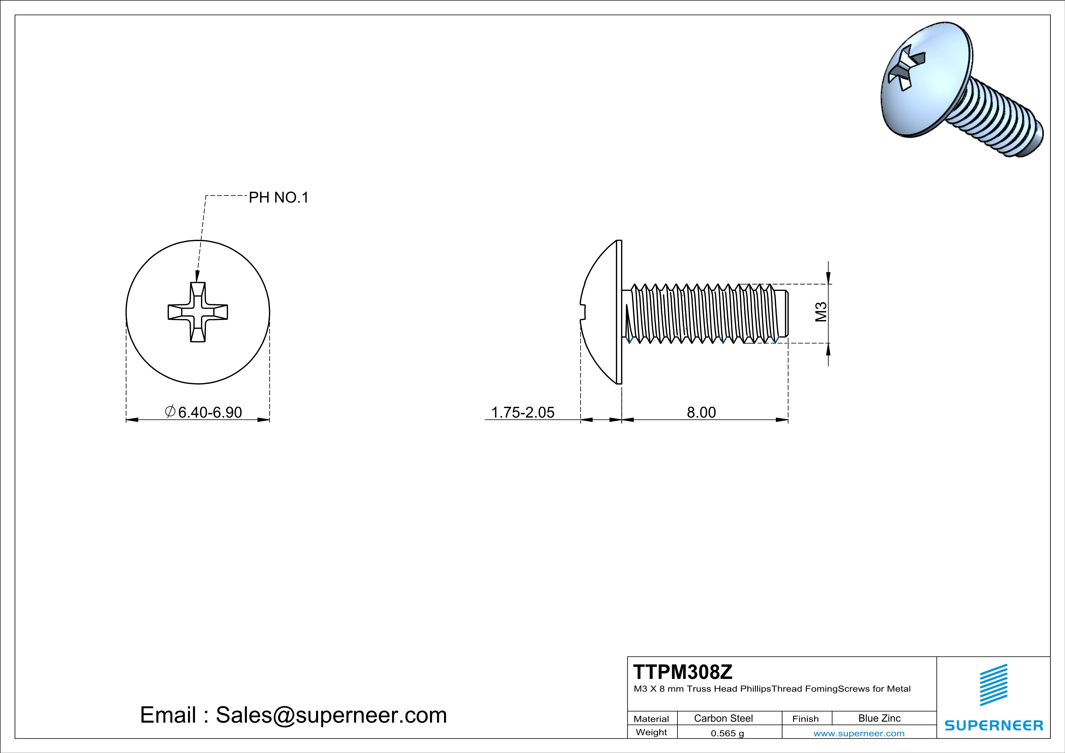 M3 × 8mm Truss Head Phillips Thread Forming Screws for Metal Steel Blue Zinc Plated