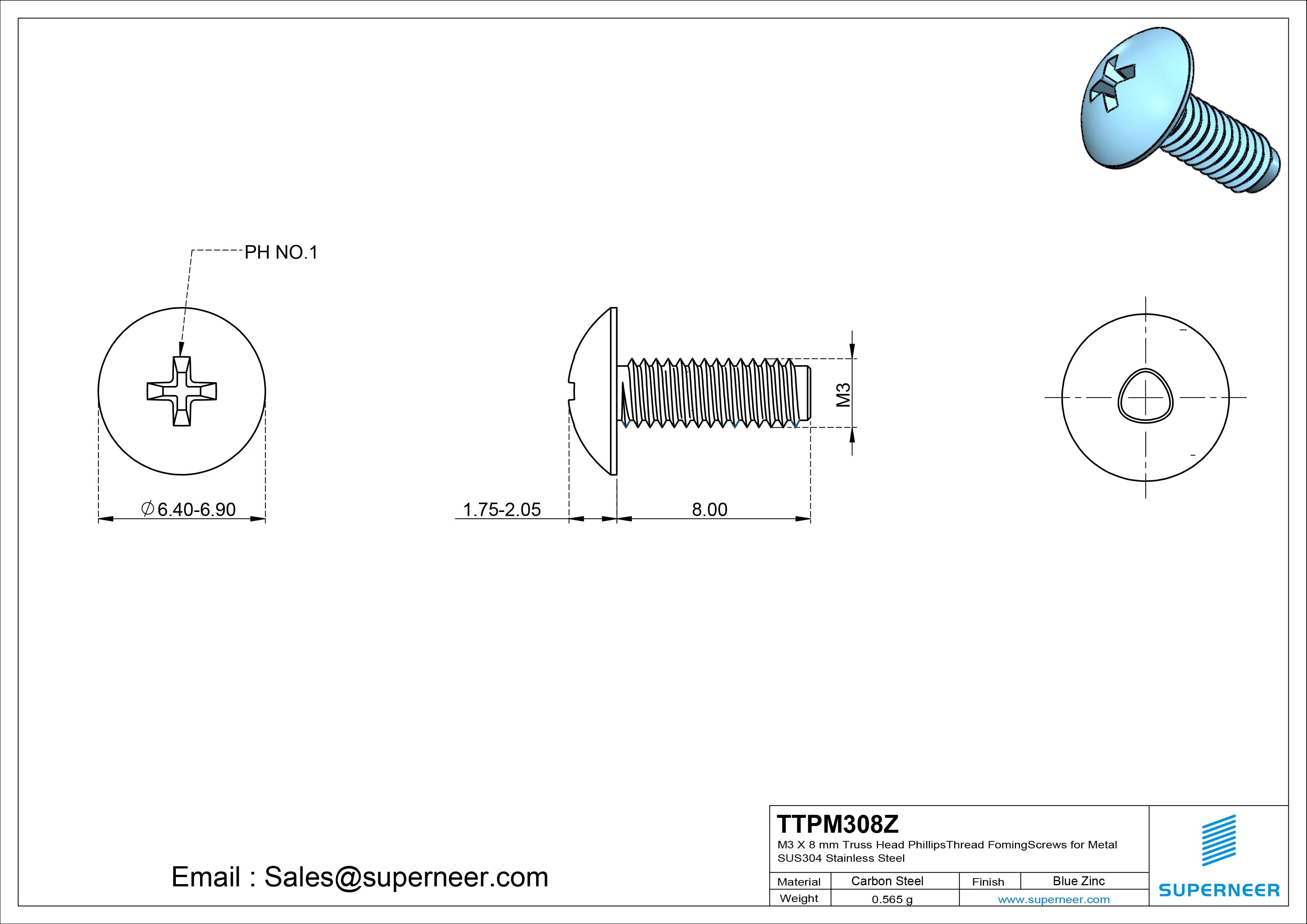 M3 × 8mm Truss Head Phillips Thread Forming Screws for Metal Steel Blue Zinc Plated