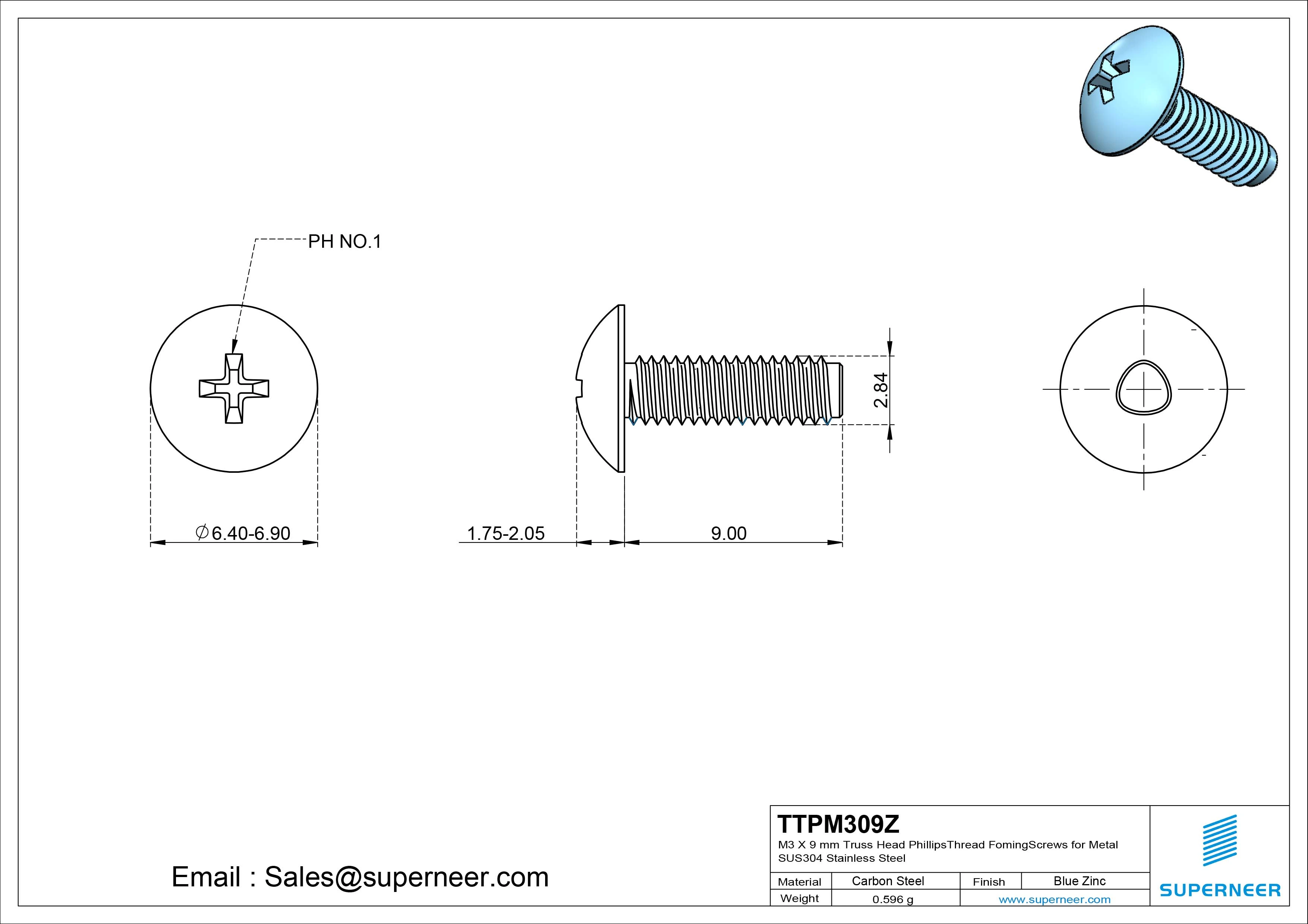 M3 × 9mm Truss Head Phillips Thread Forming Screws for Metal Steel Blue Zinc Plated