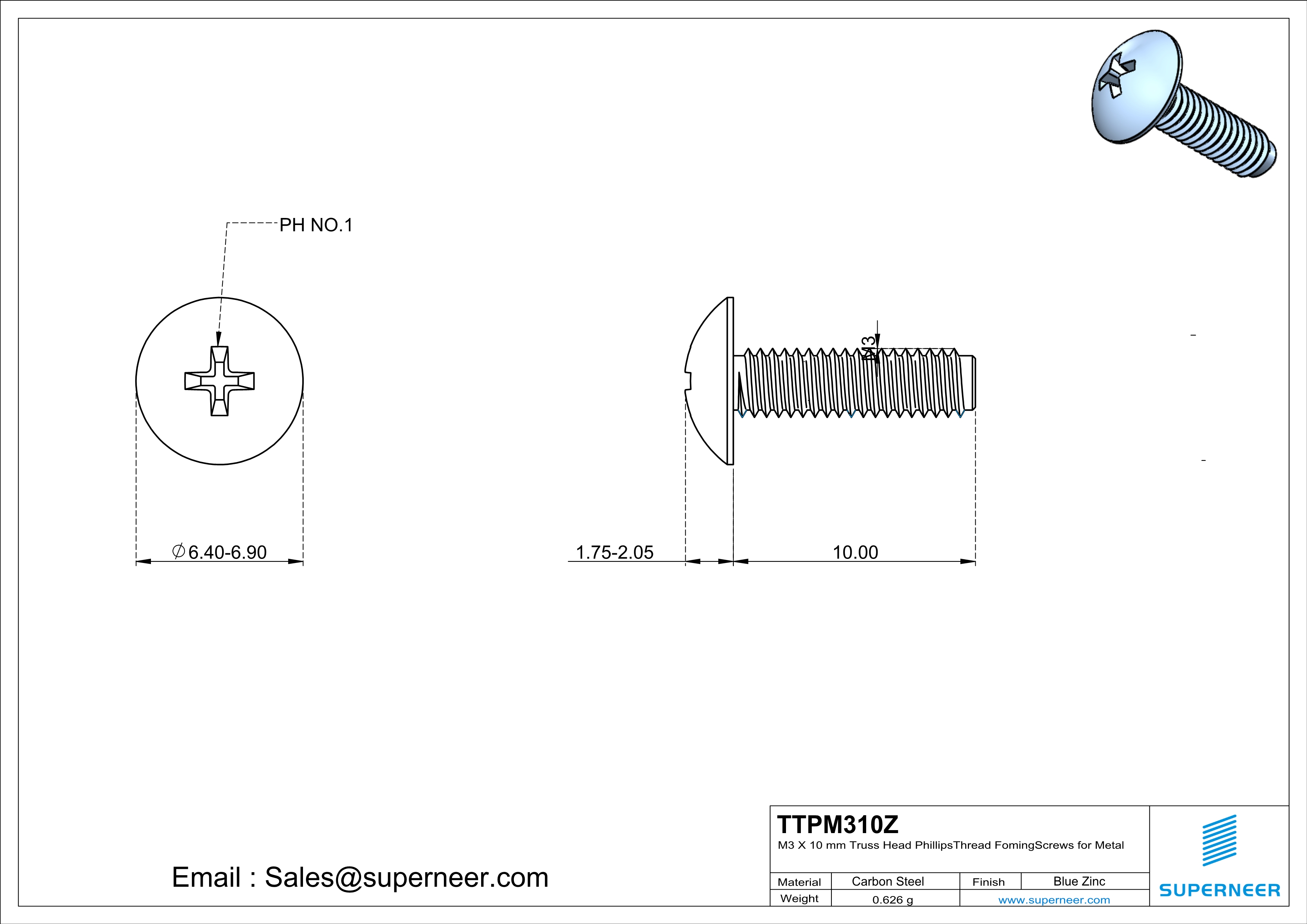 M3 × 10mm Truss Head Phillips Thread Forming Screws for Metal Steel Blue Zinc Plated