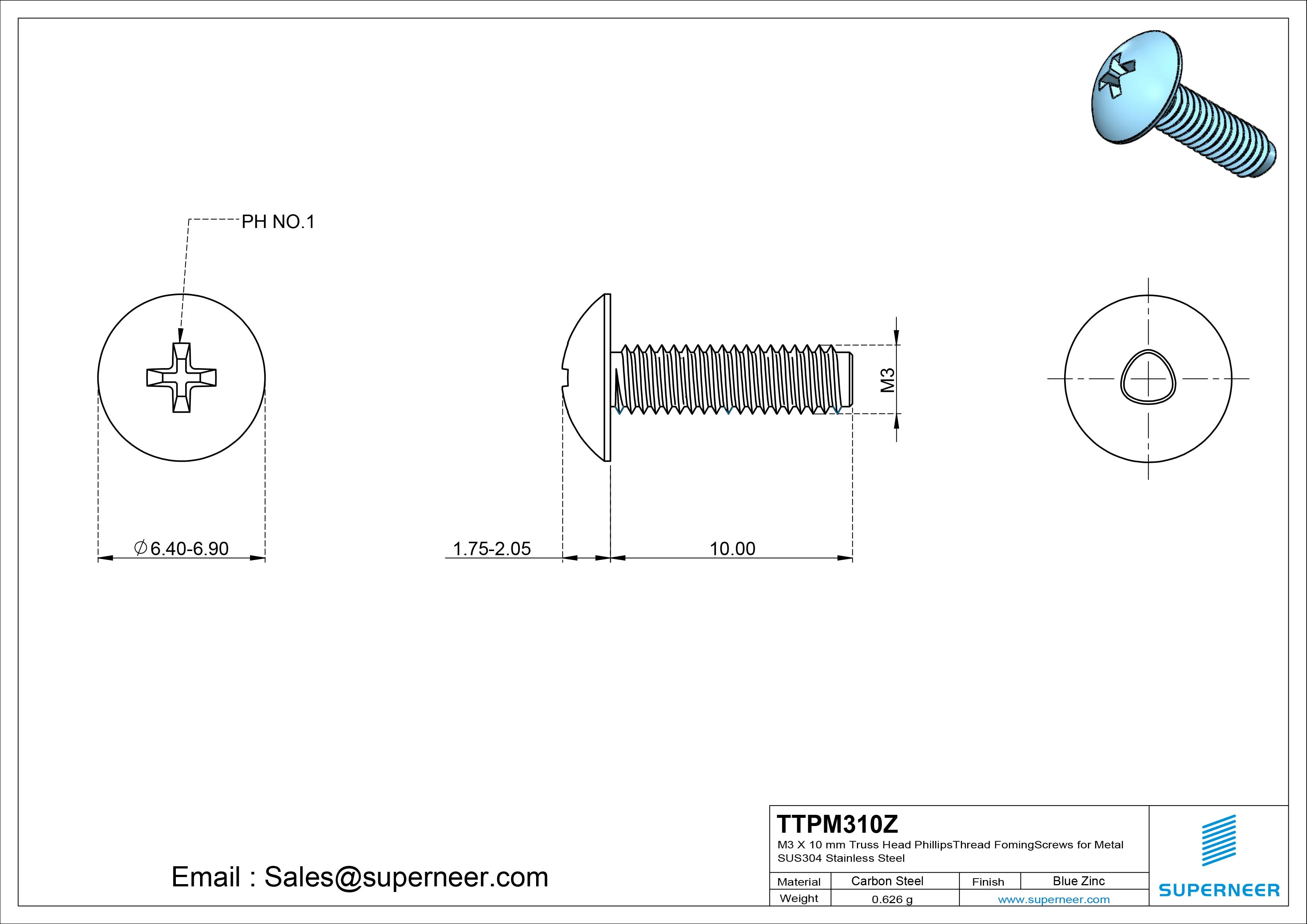 M3 × 10mm Truss Head Phillips Thread Forming Screws for Metal Steel Blue Zinc Plated