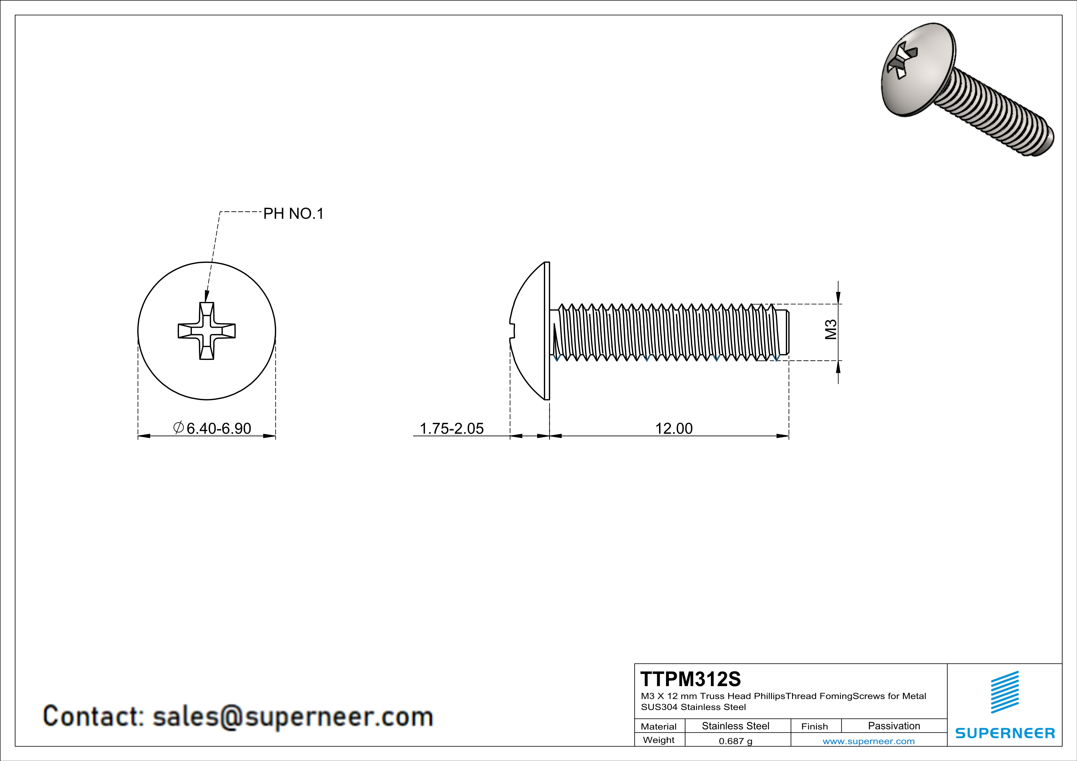 M3 × 12mm Truss Head Phillips Thread Forming Screws for Metal SUS304 Stainless Steel Inox