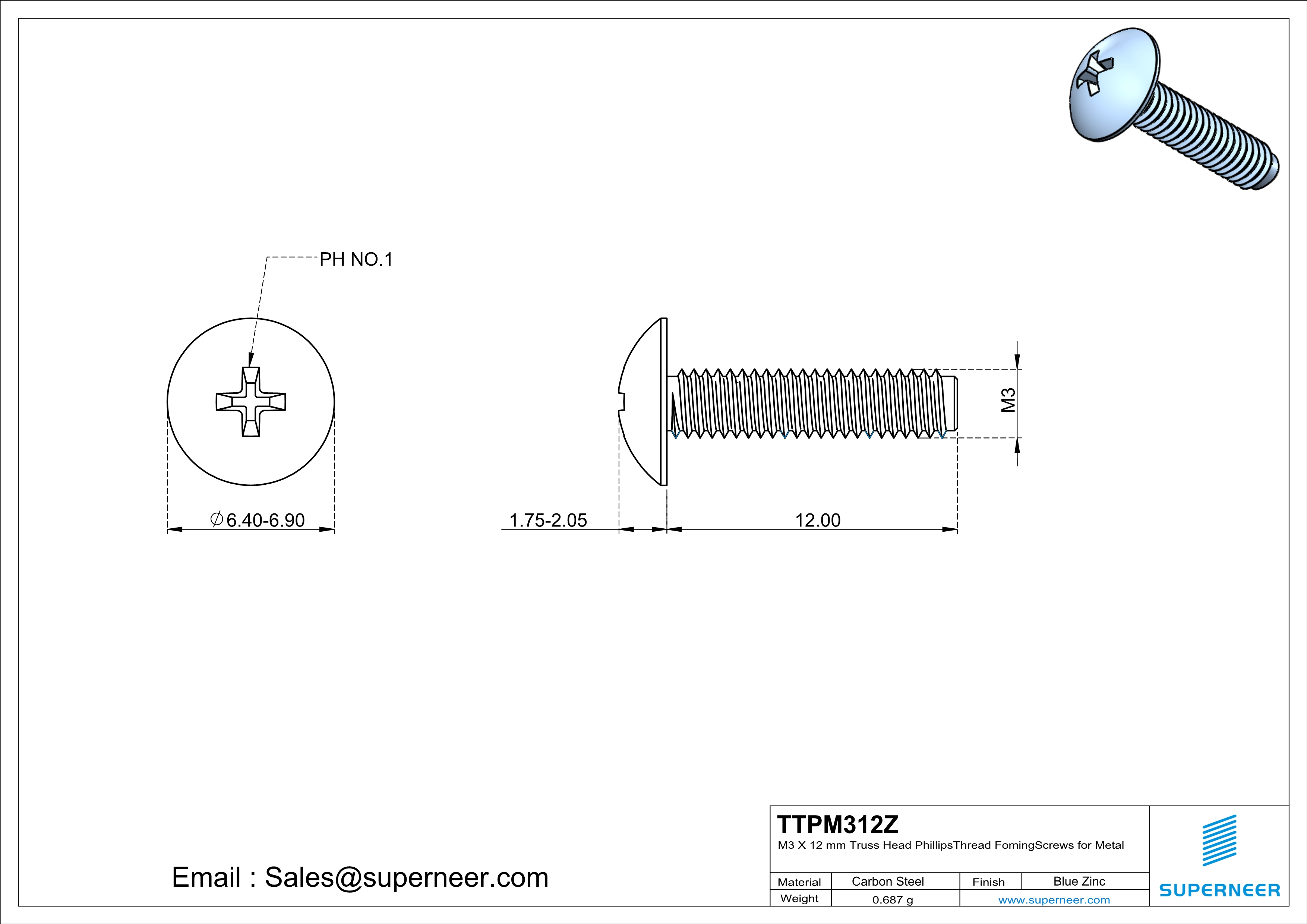 M3 × 12mm Truss Head Phillips Thread Forming Screws for Metal Steel Blue Zinc Plated