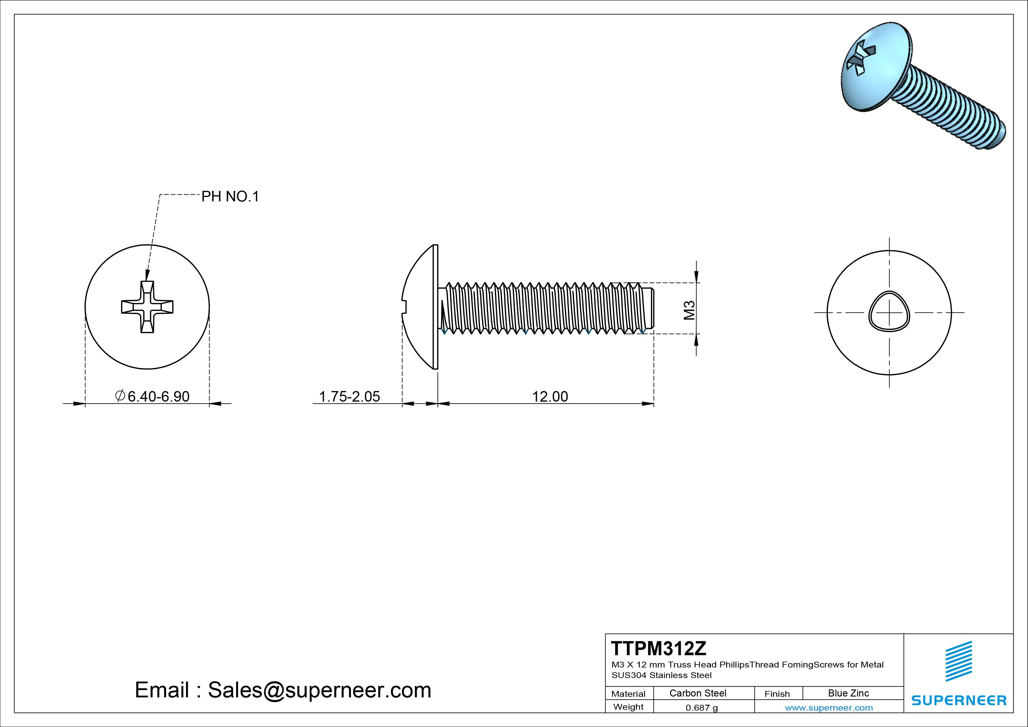 M3 × 12mm Truss Head Phillips Thread Forming Screws for Metal Steel Blue Zinc Plated