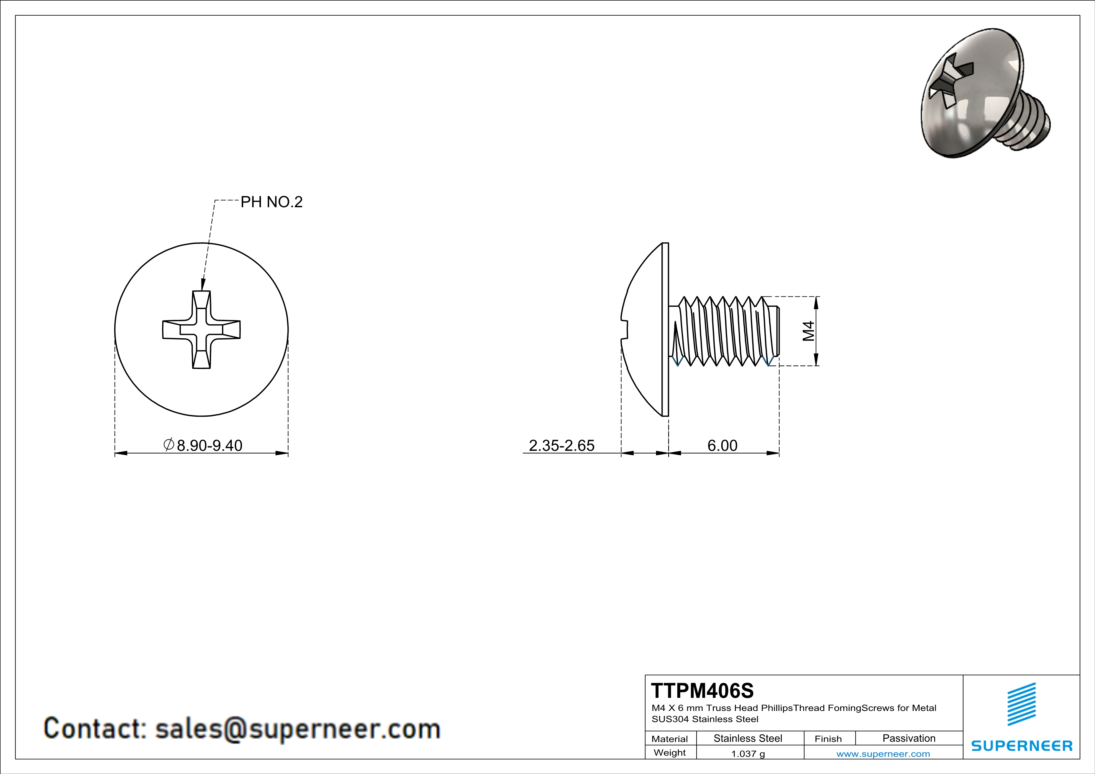 M4 × 6mm Truss Head Phillips Thread Forming Screws for Metal SUS304 Stainless Steel Inox