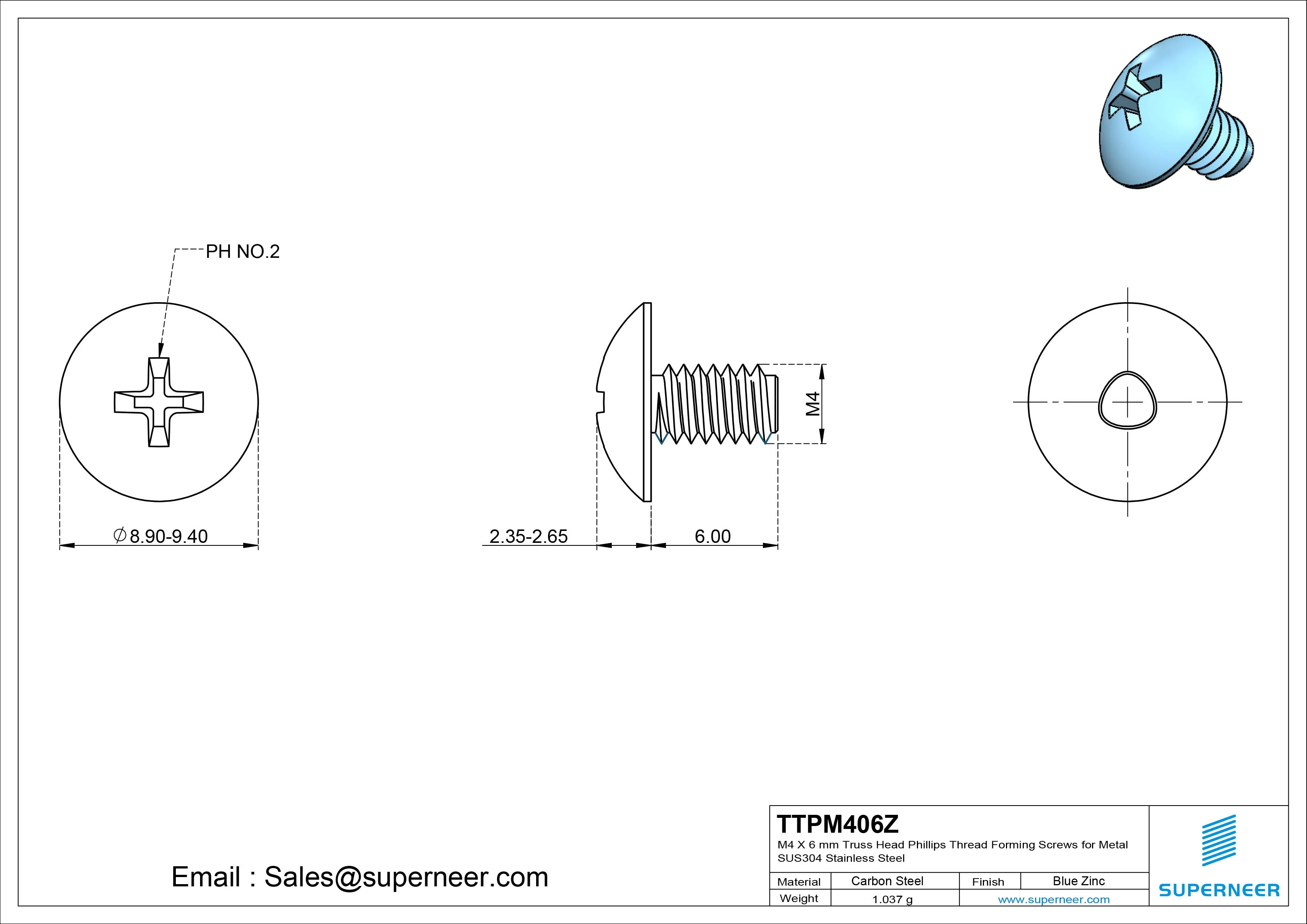 M4 × 6mm Truss Head Phillips Thread Forming Screws for Metal Steel Blue Zinc Plated