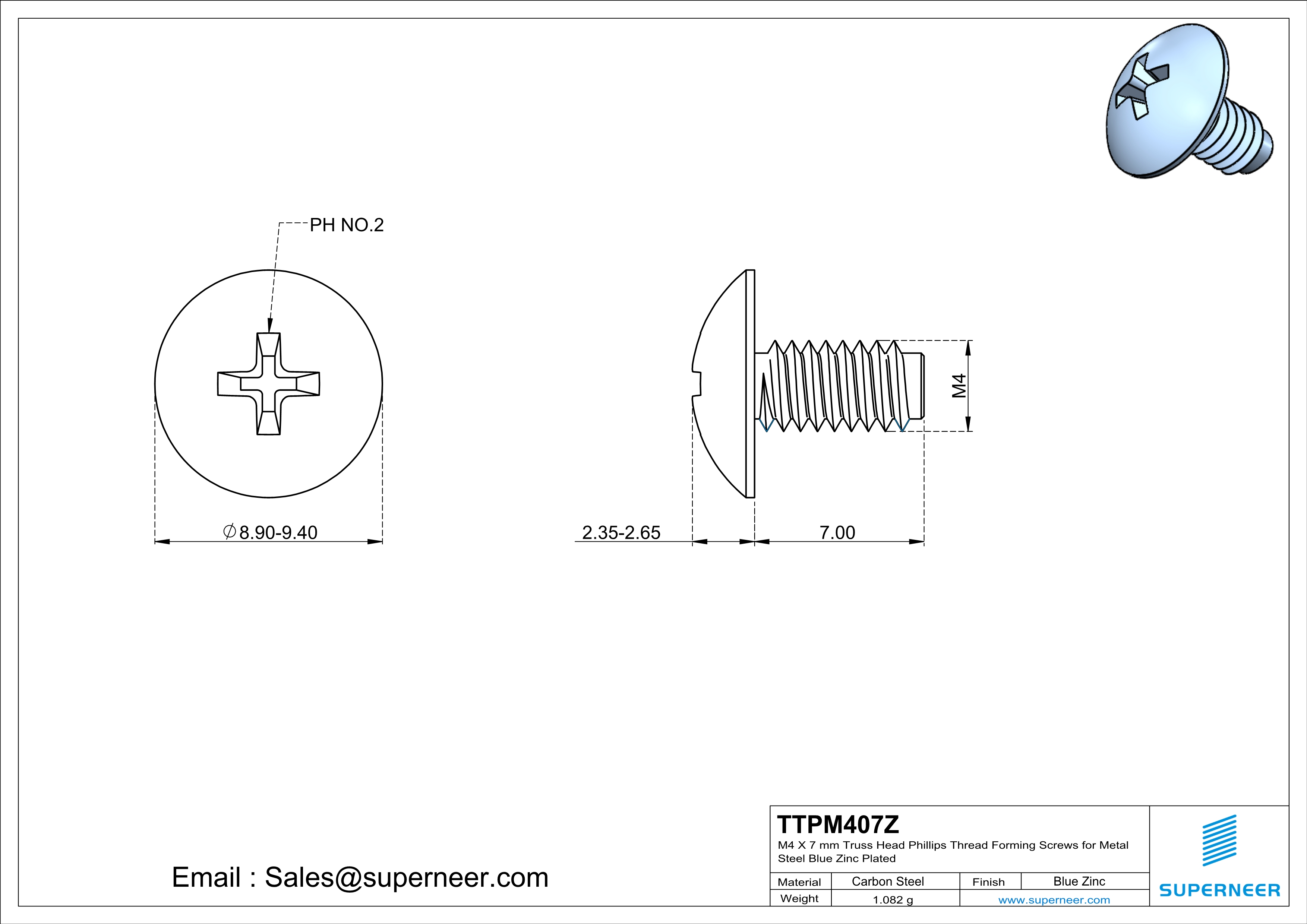 M4 × 7mm Truss Head Phillips Thread Forming Screws for Metal Steel Blue Zinc Plated