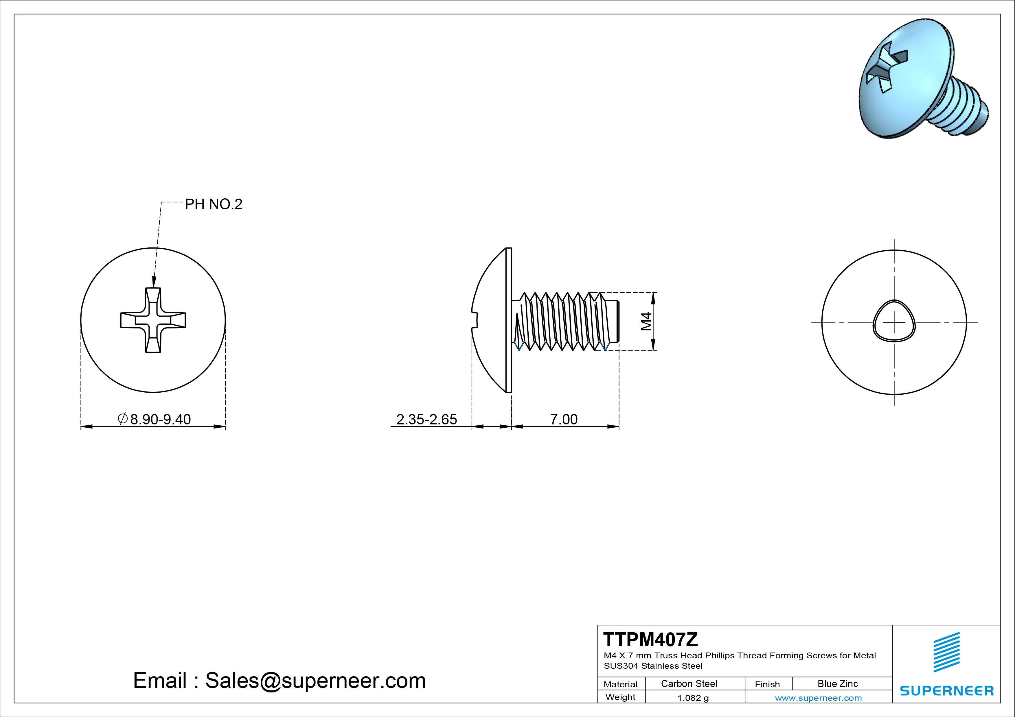 M4 × 7mm Truss Head Phillips Thread Forming Screws for Metal Steel Blue Zinc Plated