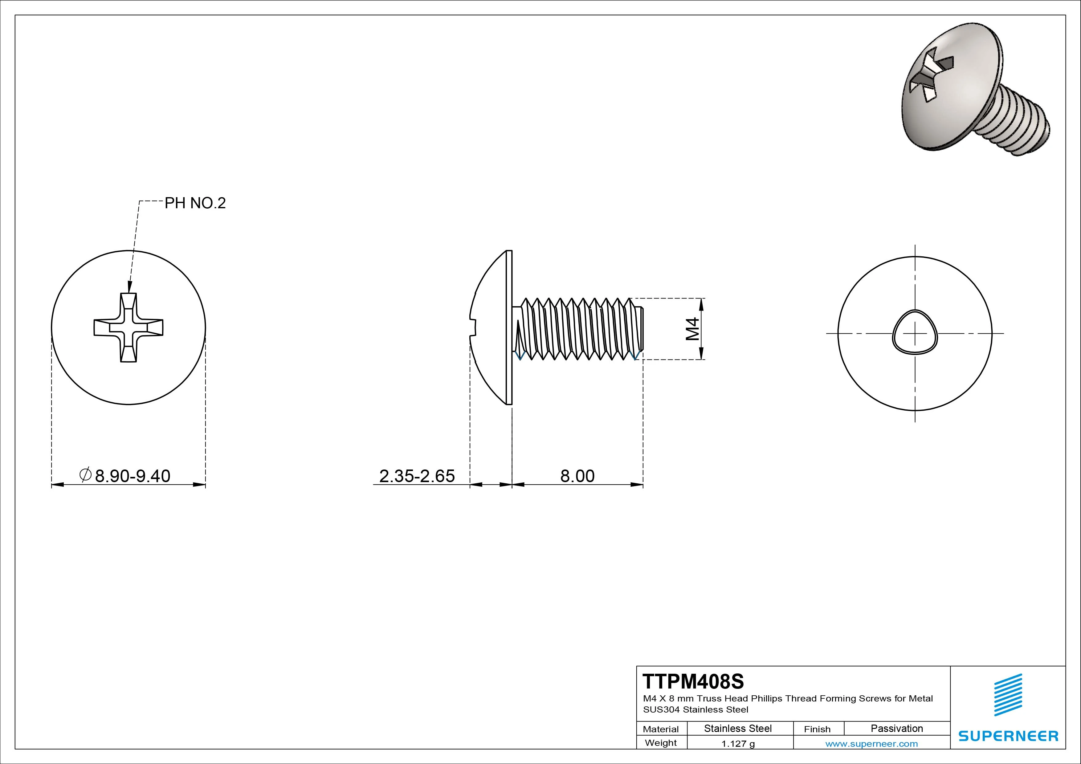 M4 × 8mm Truss Head Phillips Thread Forming Screws for Metal SUS304 Stainless Steel Inox