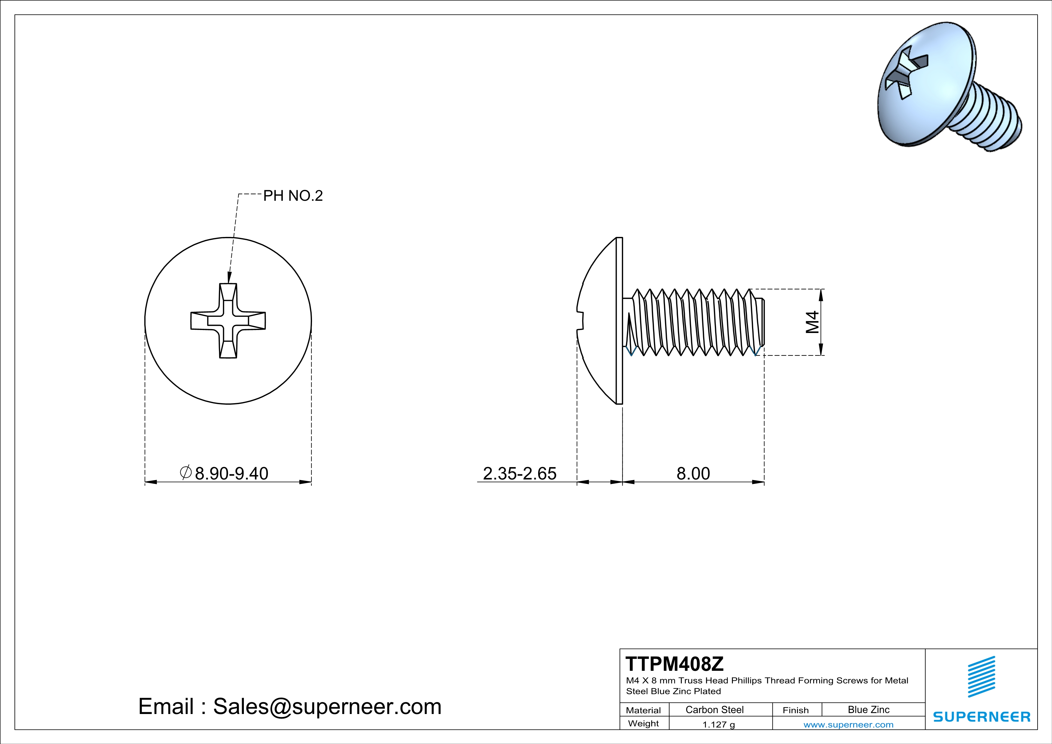 M4 × 8mm Truss Head Phillips Thread Forming Screws for Metal Steel Blue Zinc Plated