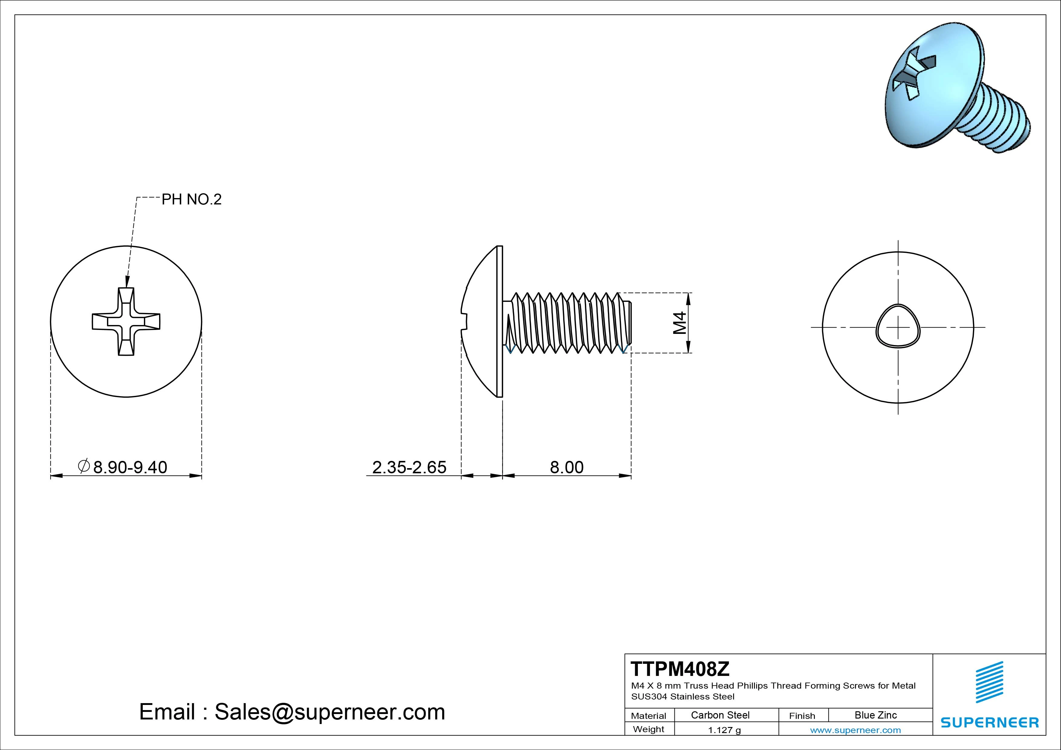 M4 × 8mm Truss Head Phillips Thread Forming Screws for Metal Steel Blue Zinc Plated