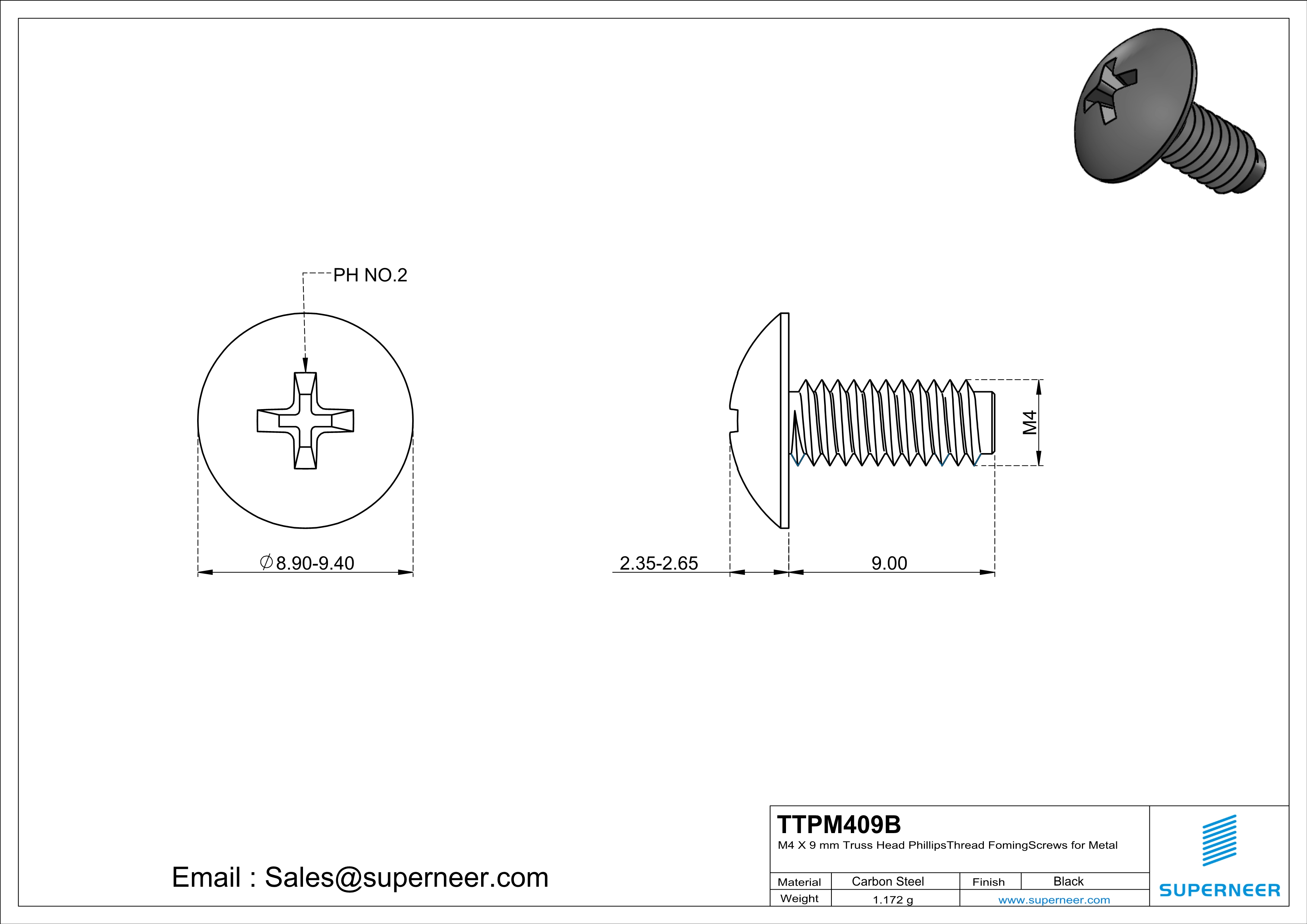 M4 × 9mm Truss Head Phillips Thread Forming Screws for Metal Steel Black