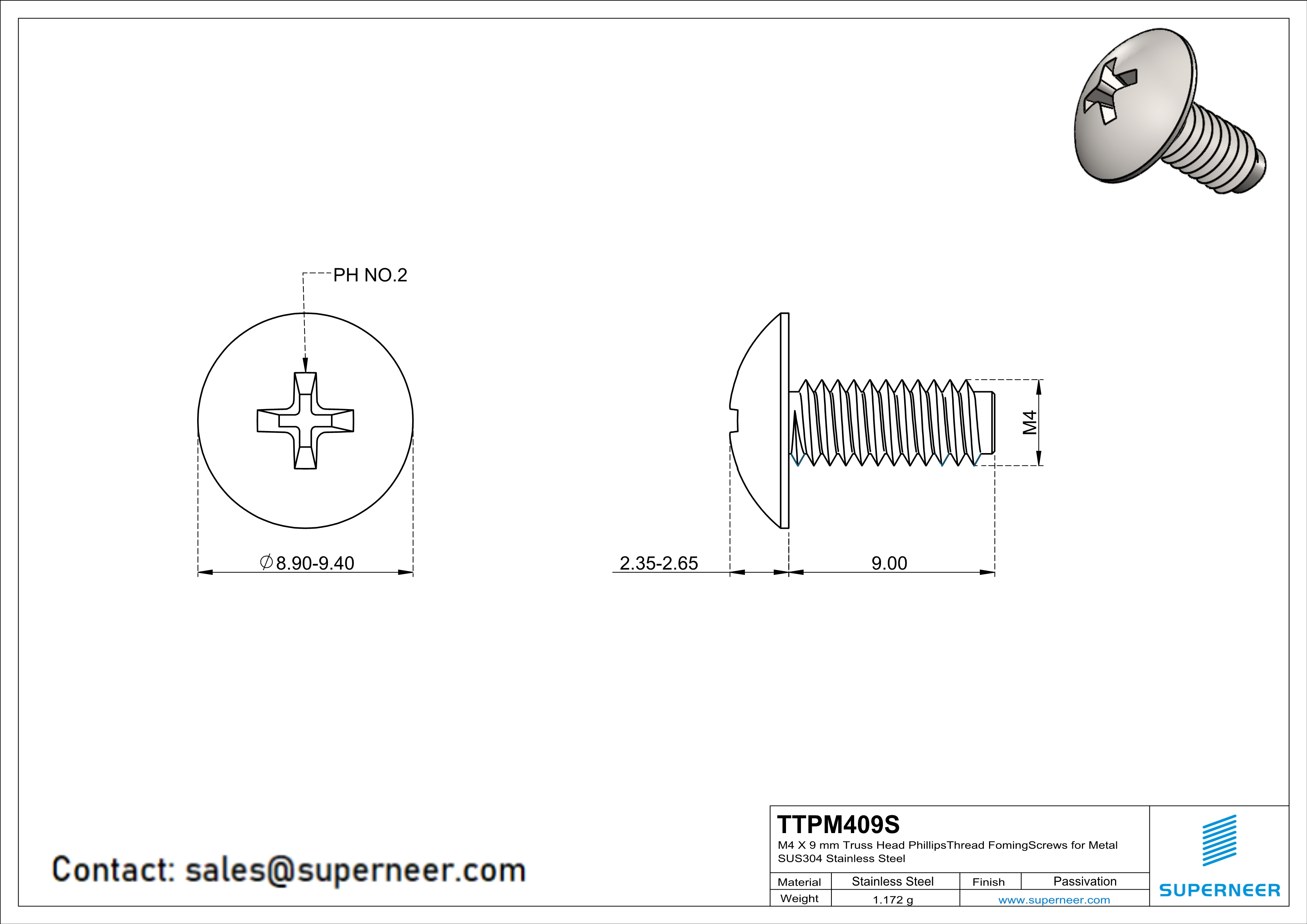 M4 × 9mm Truss Head Phillips Thread Forming Screws for Metal SUS304 Stainless Steel Inox