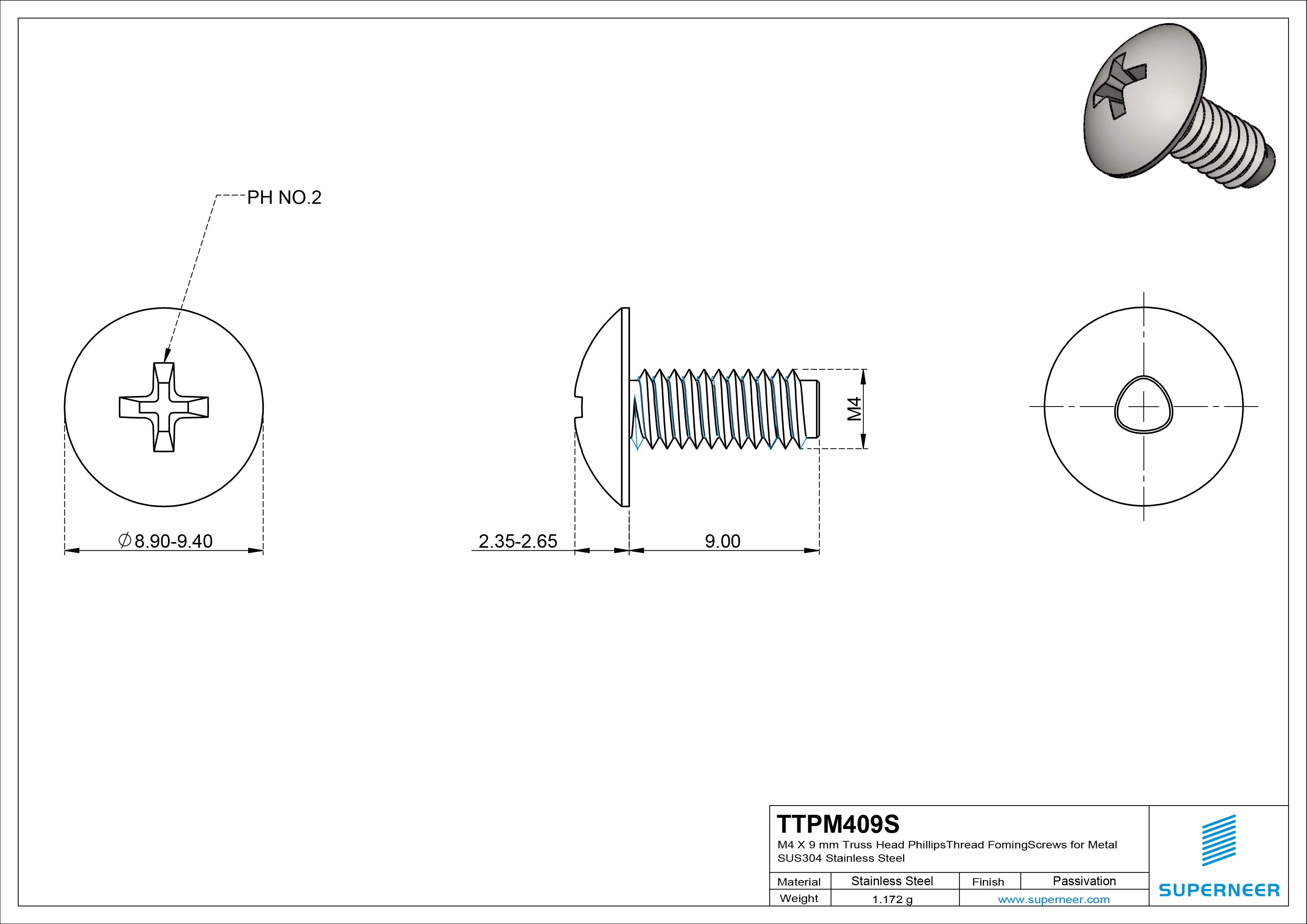 M4 × 9mm Truss Head Phillips Thread Forming Screws for Metal SUS304 Stainless Steel Inox