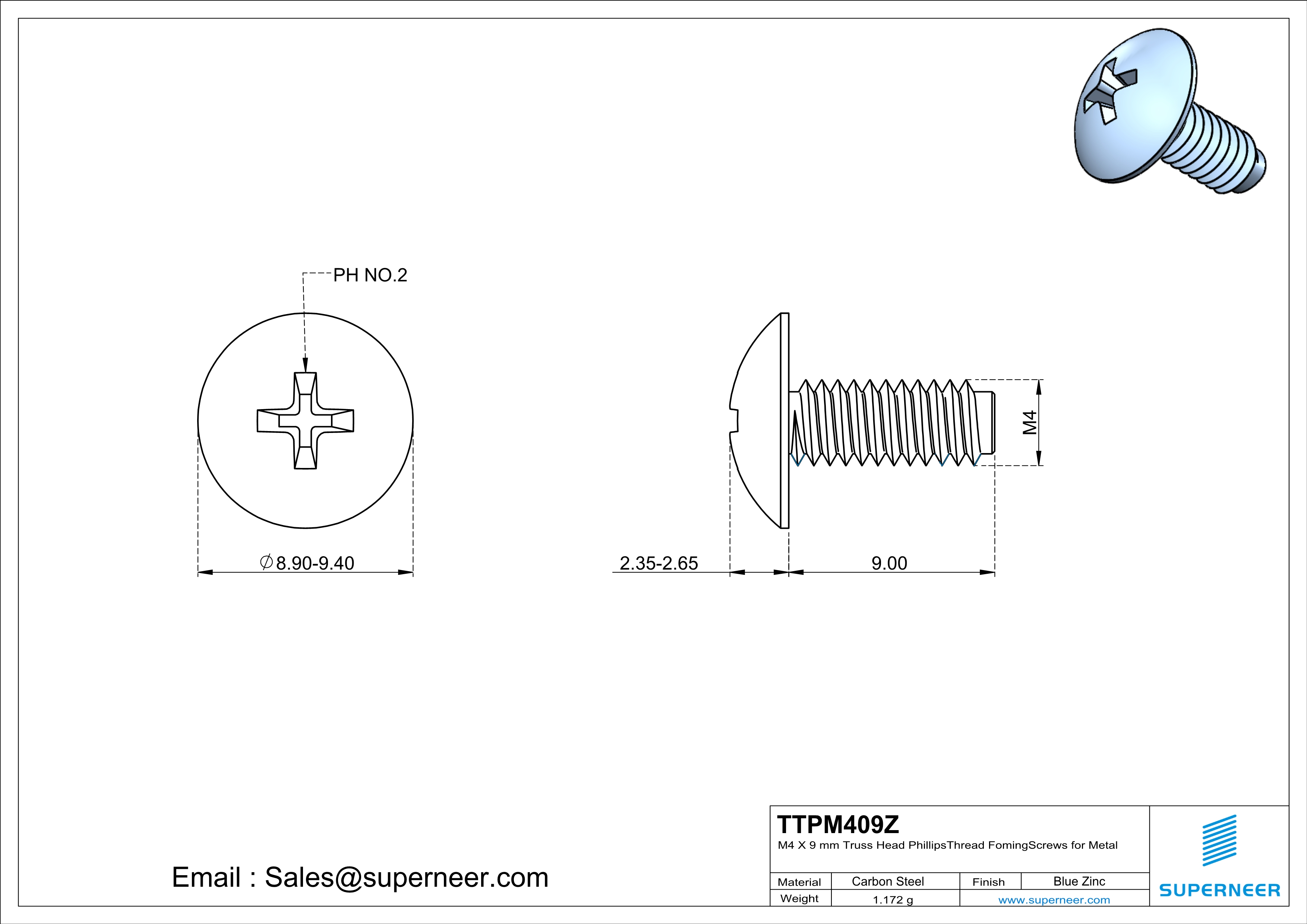 M4 × 9mm Truss Head Phillips Thread Forming Screws for Metal Steel Blue Zinc Plated