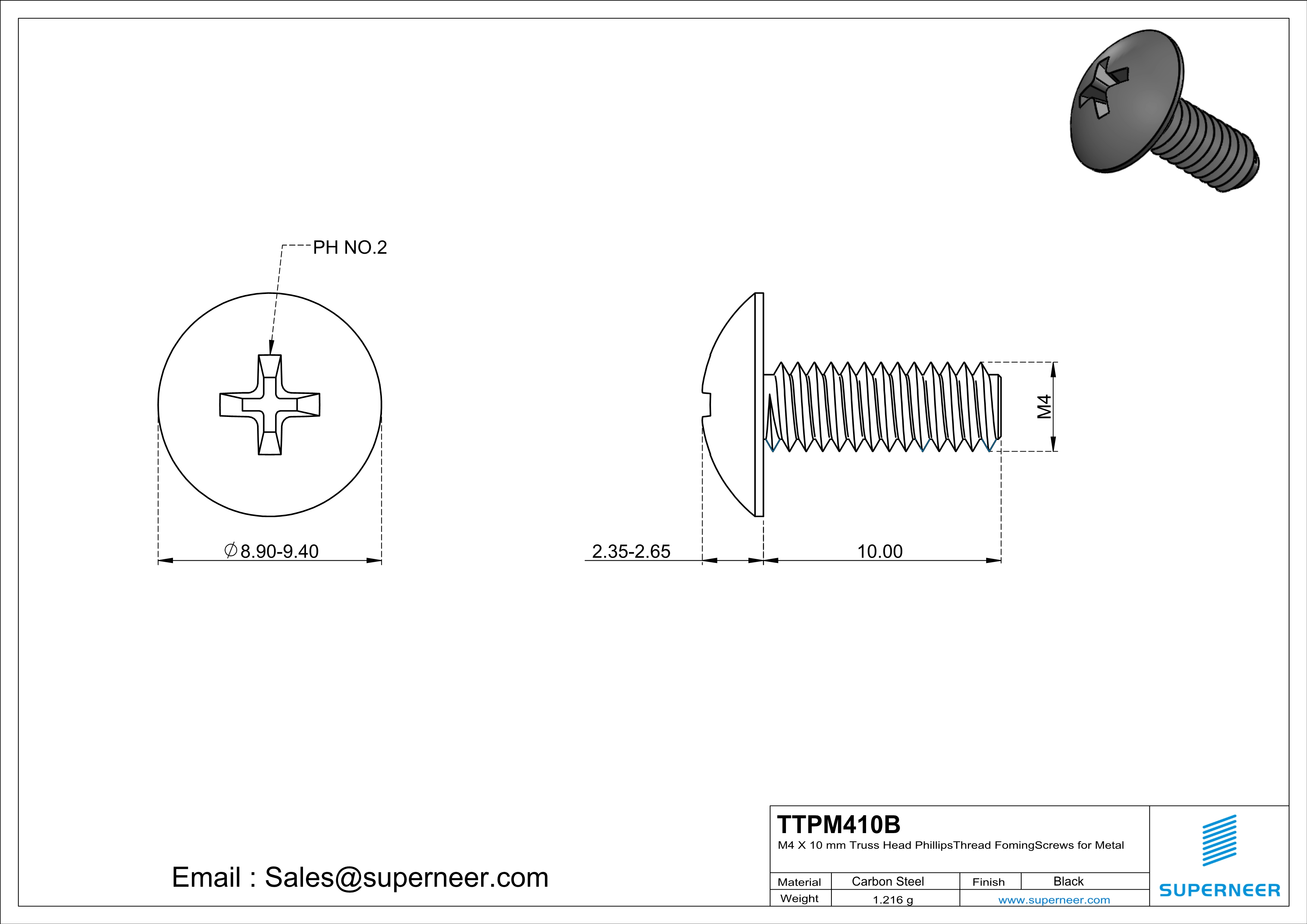 M4 × 10mm Truss Head Phillips Thread Forming Screws for Metal Steel Black