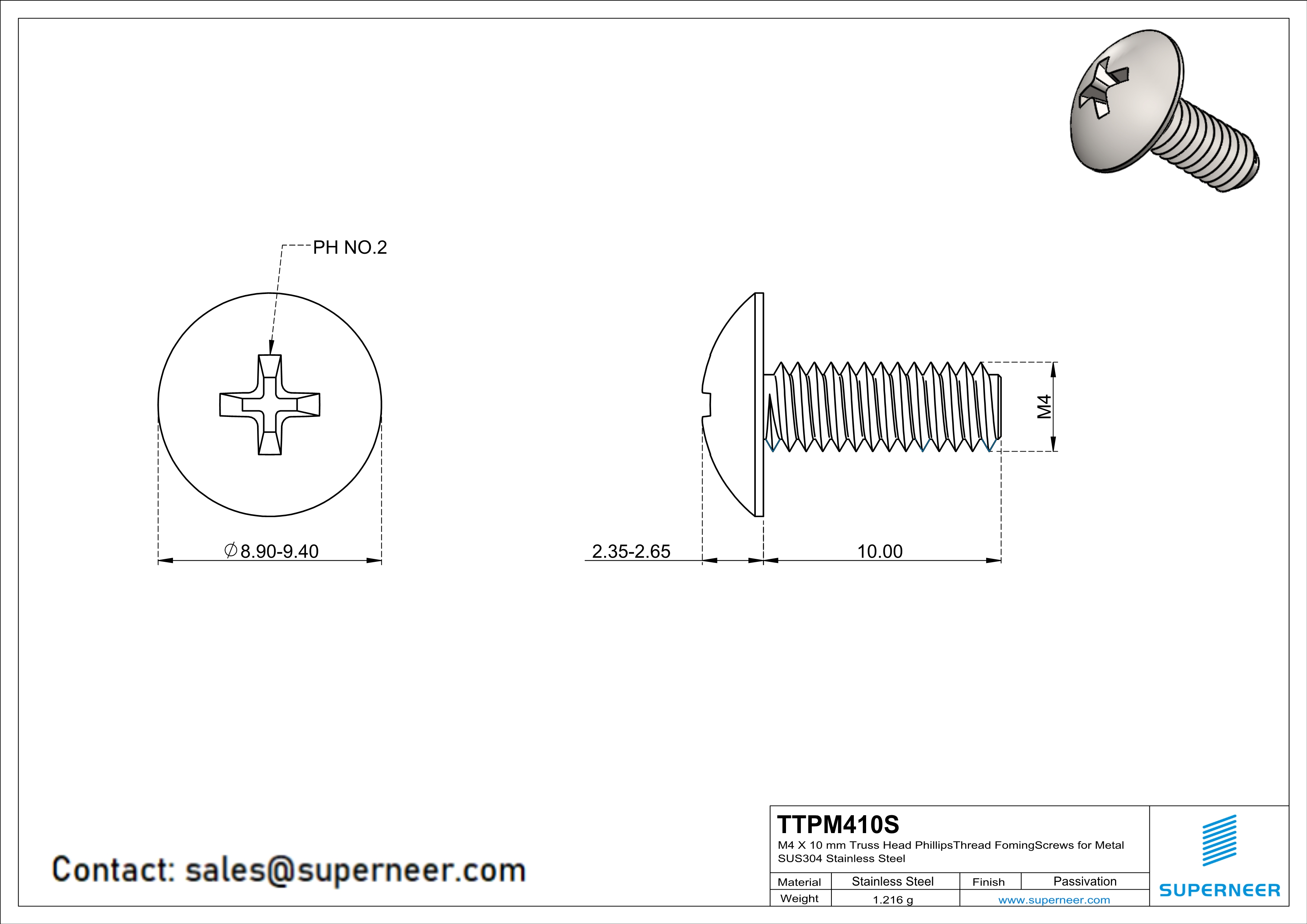 M4 × 10mm Truss Head Phillips Thread Forming Screws for Metal SUS304 Stainless Steel Inox