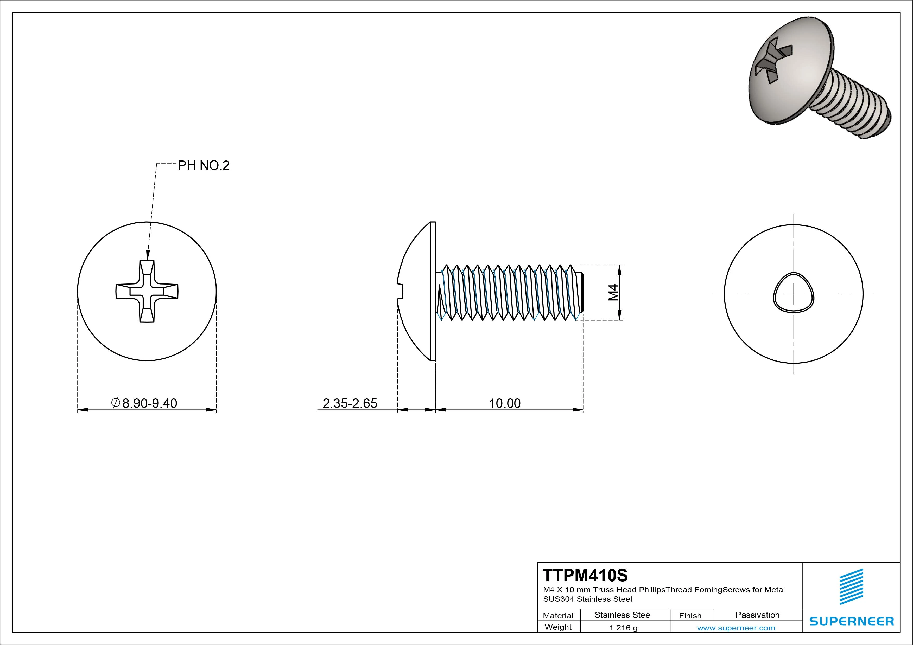 M4 × 10mm Truss Head Phillips Thread Forming Screws for Metal SUS304 Stainless Steel Inox