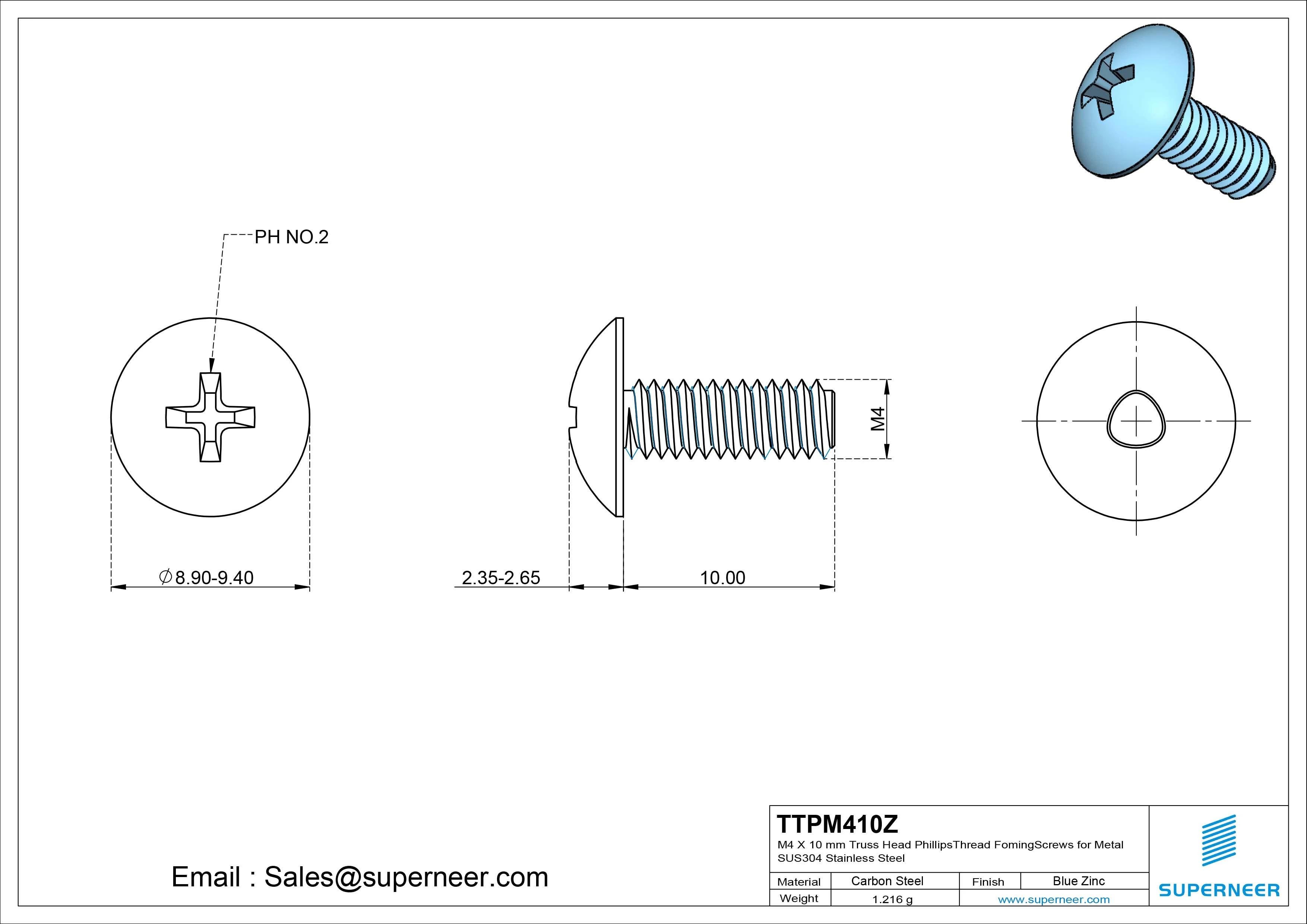 M4 × 10mm Truss Head Phillips Thread Forming Screws for Metal Steel Blue Zinc Plated