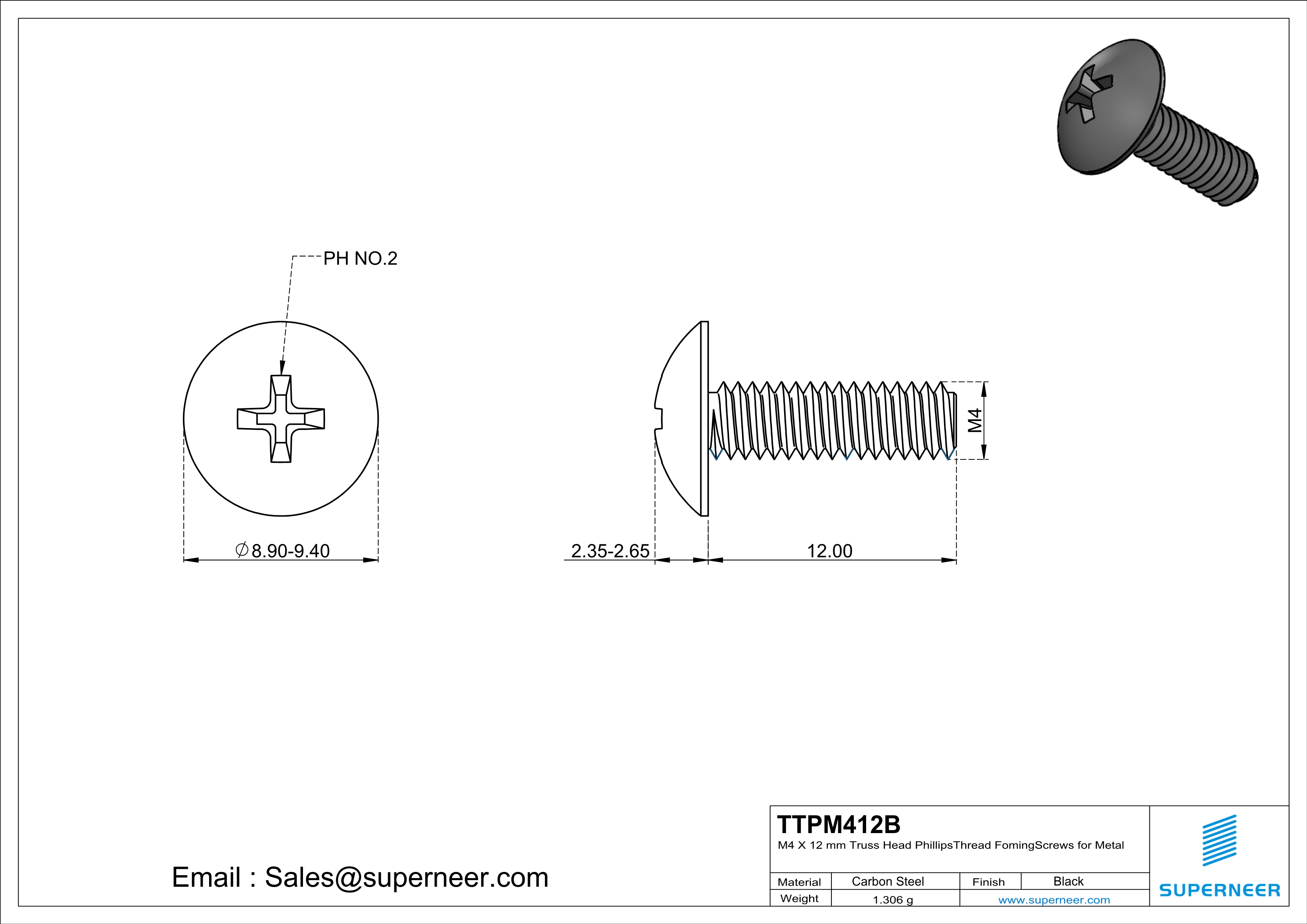 M4 × 12mm Truss Head Phillips Thread Forming Screws for Metal Steel Black