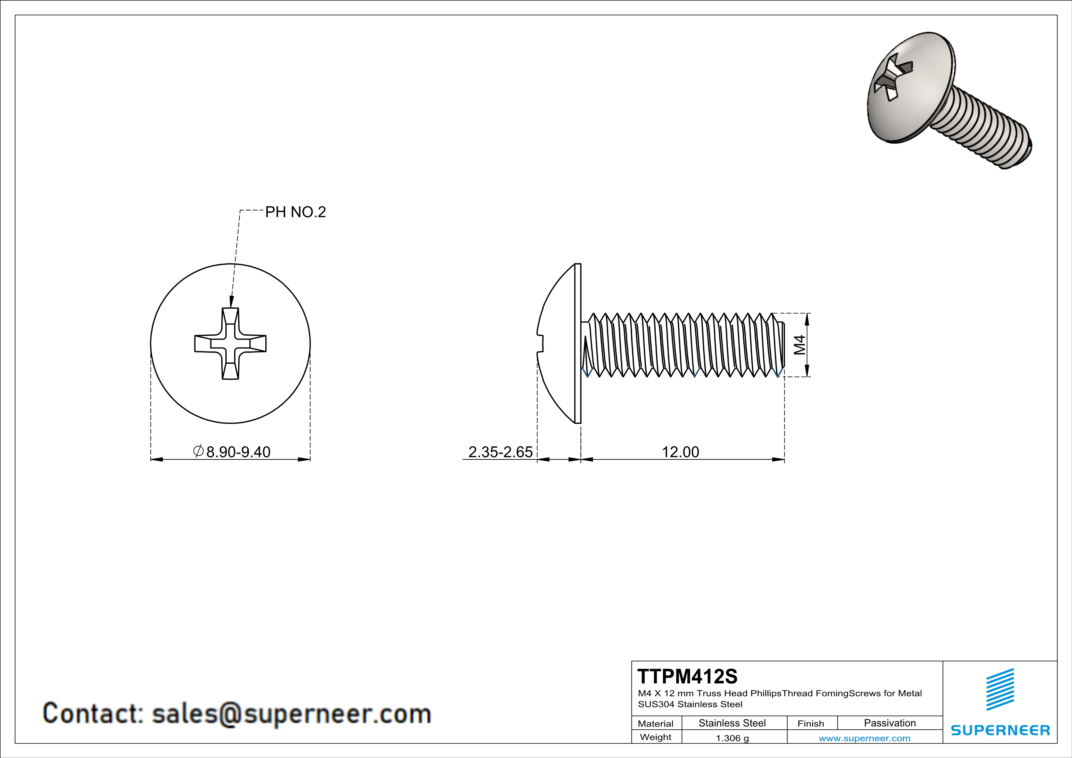 M4 × 12mm Truss Head Phillips Thread Forming Screws for Metal SUS304 Stainless Steel Inox