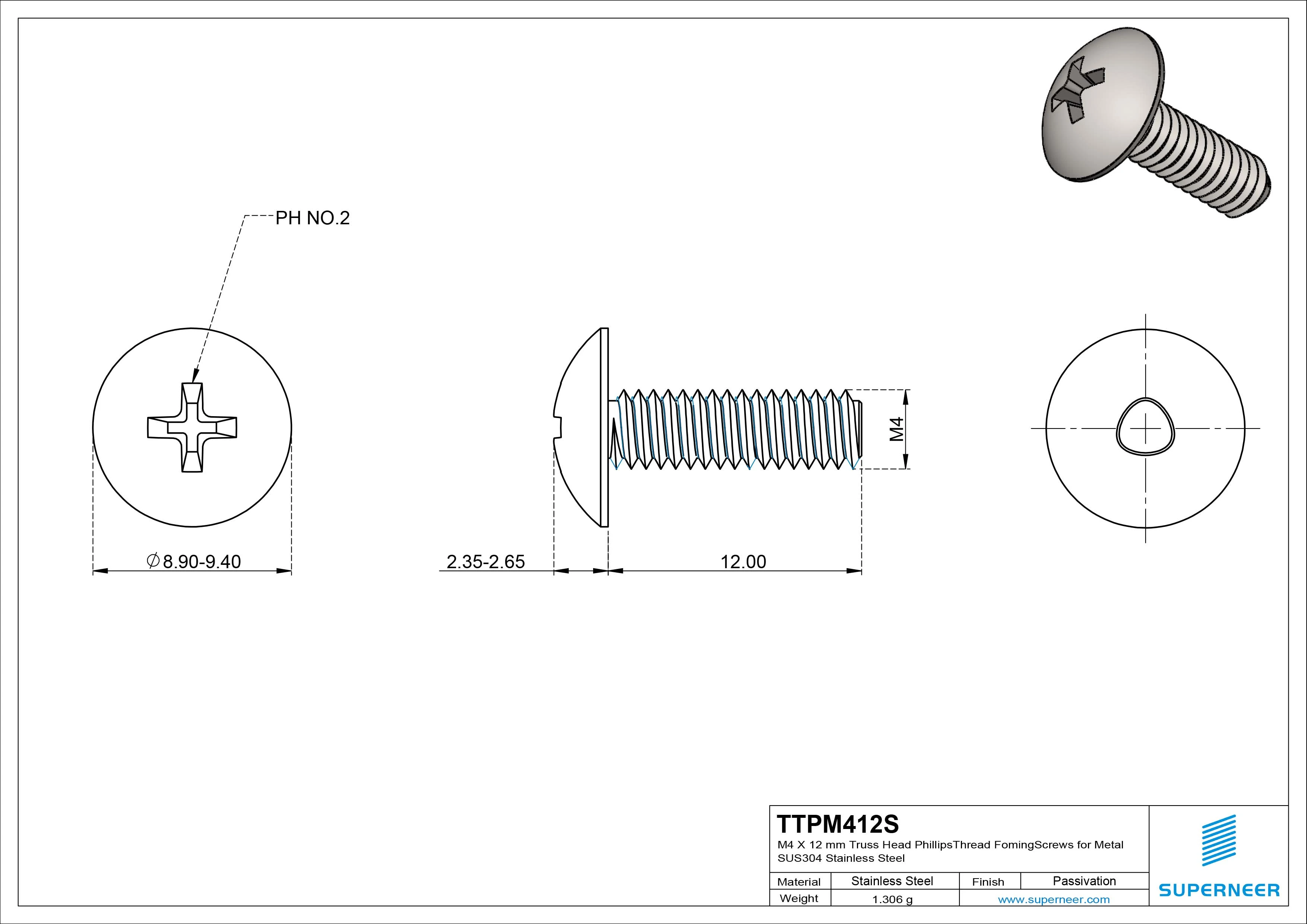 M4 × 12mm Truss Head Phillips Thread Forming Screws for Metal SUS304 Stainless Steel Inox