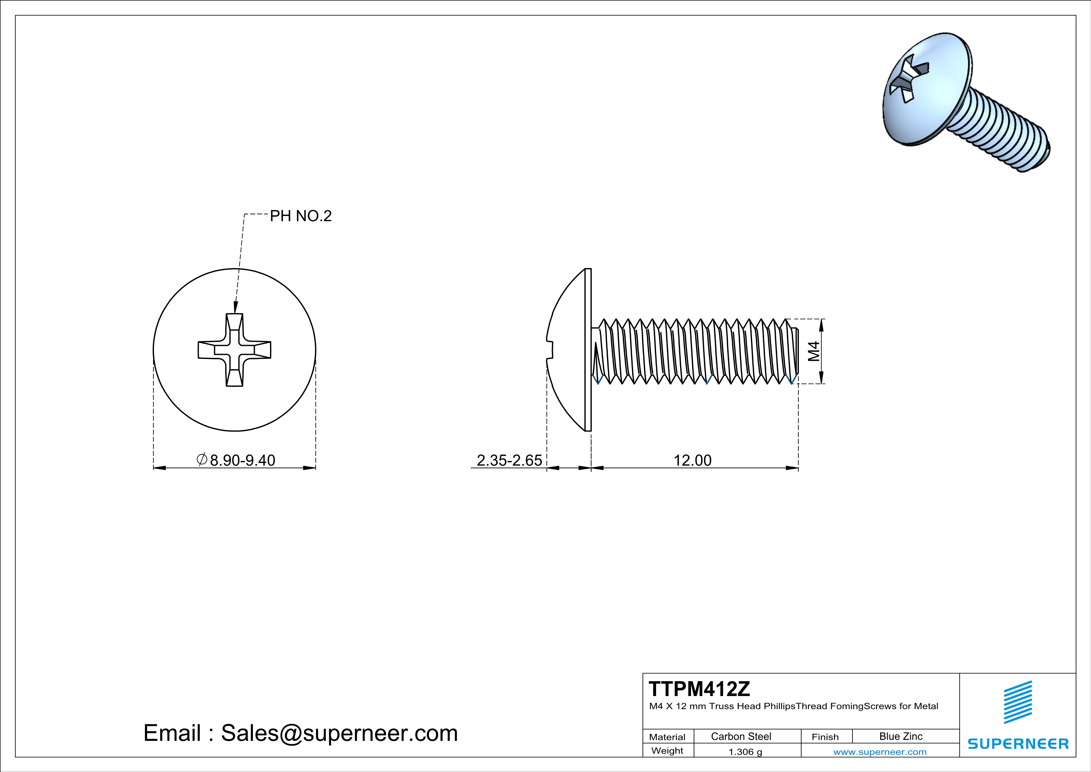 M4 × 12mm Truss Head Phillips Thread Forming Screws for Metal Steel Blue Zinc Plated