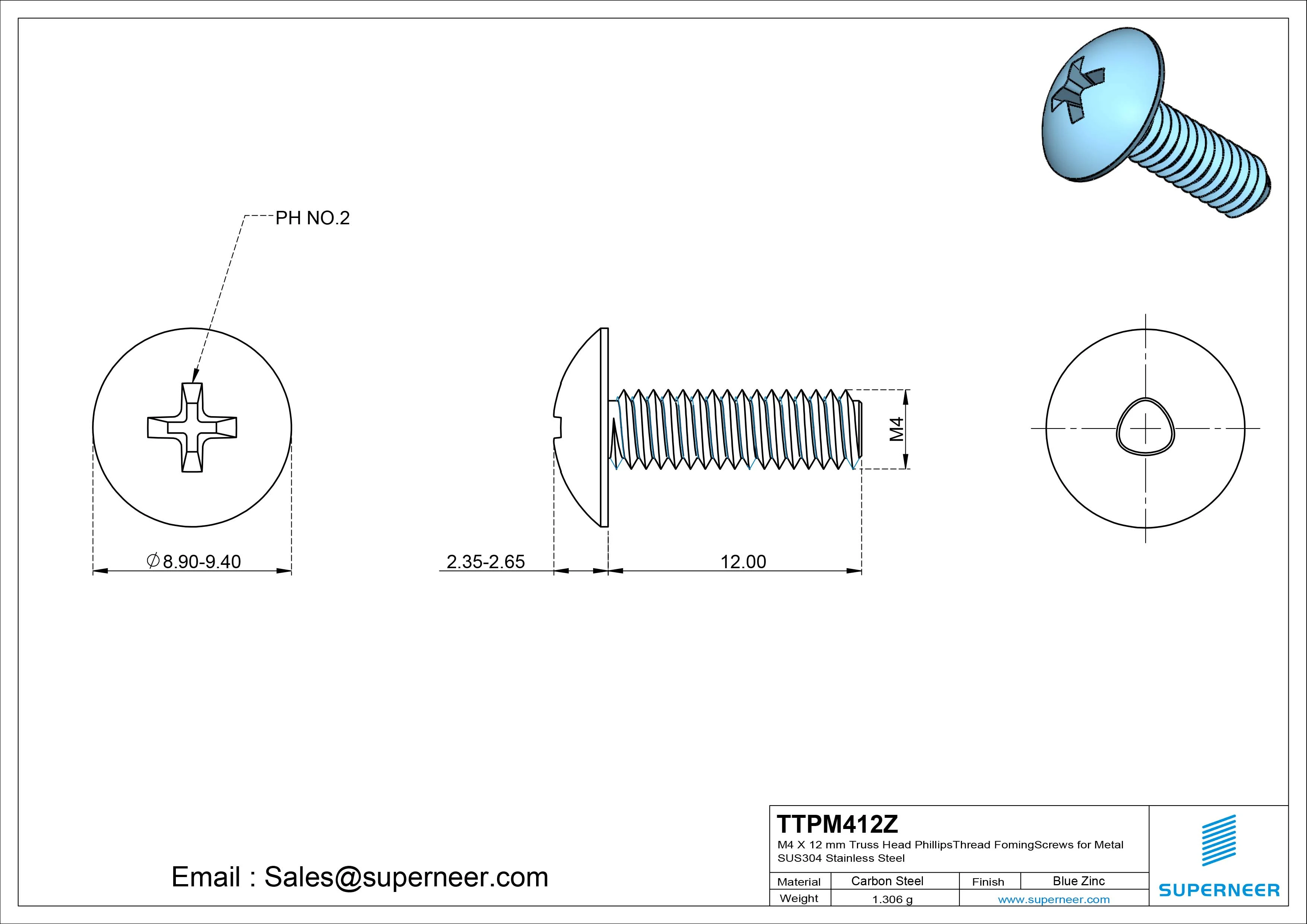 M4 × 12mm Truss Head Phillips Thread Forming Screws for Metal Steel Blue Zinc Plated