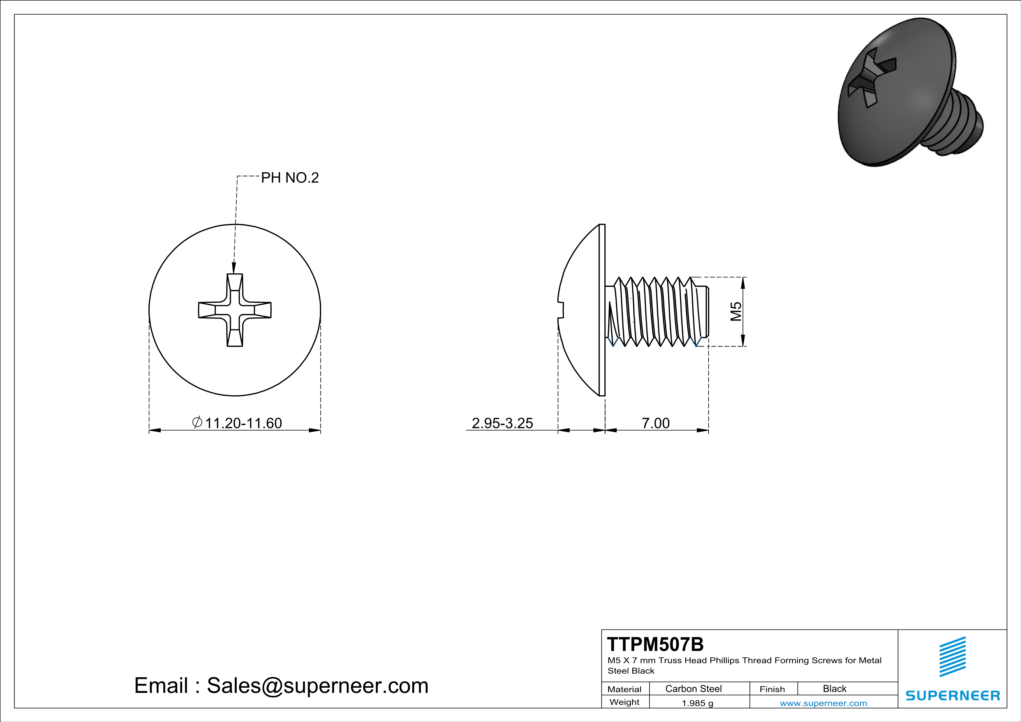 M5 × 7mm Truss Head Phillips Thread Forming Screws for Metal Steel Black