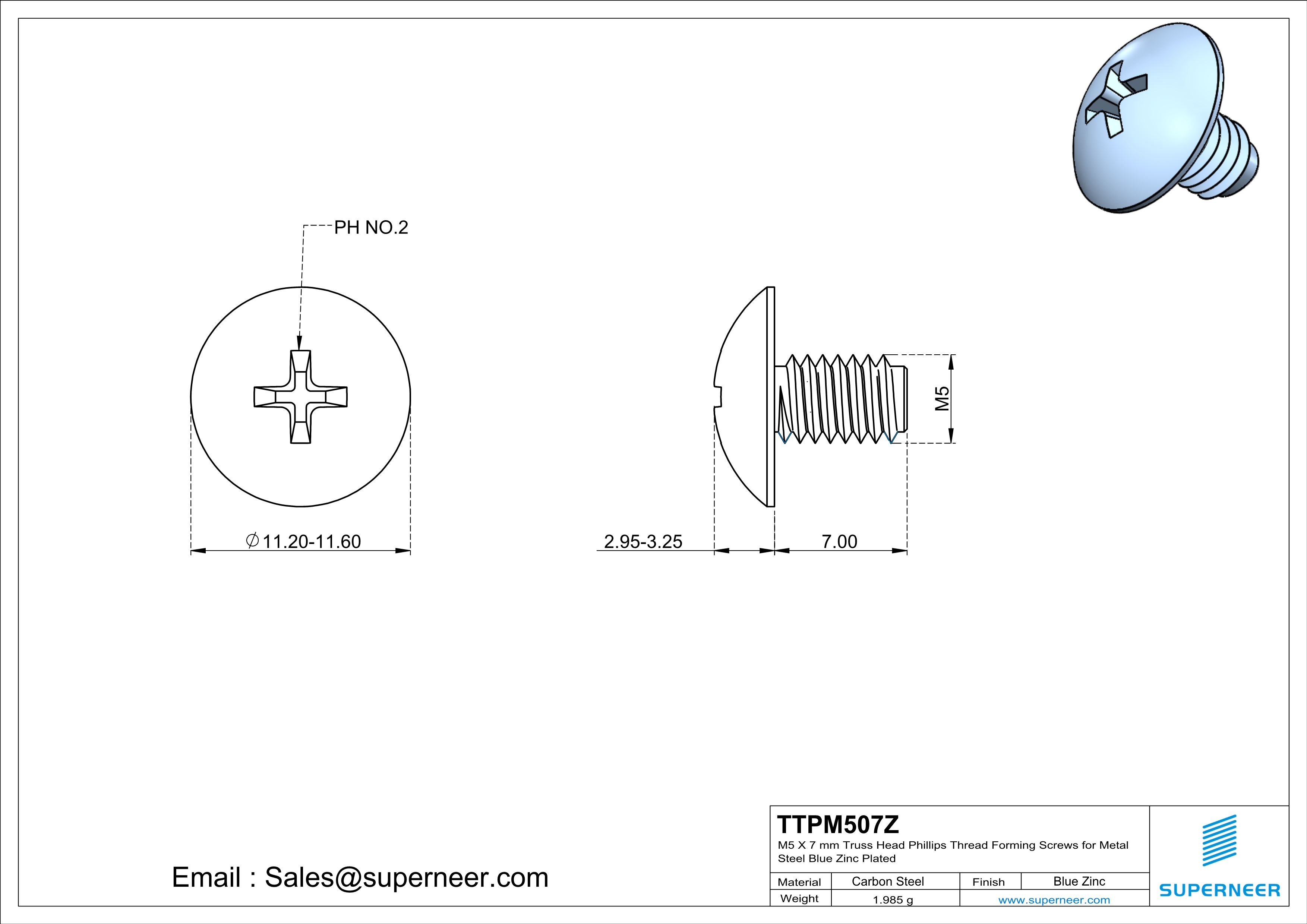 M5 × 7mm Truss Head Phillips Thread Forming Screws for Metal Steel Blue Zinc Plated